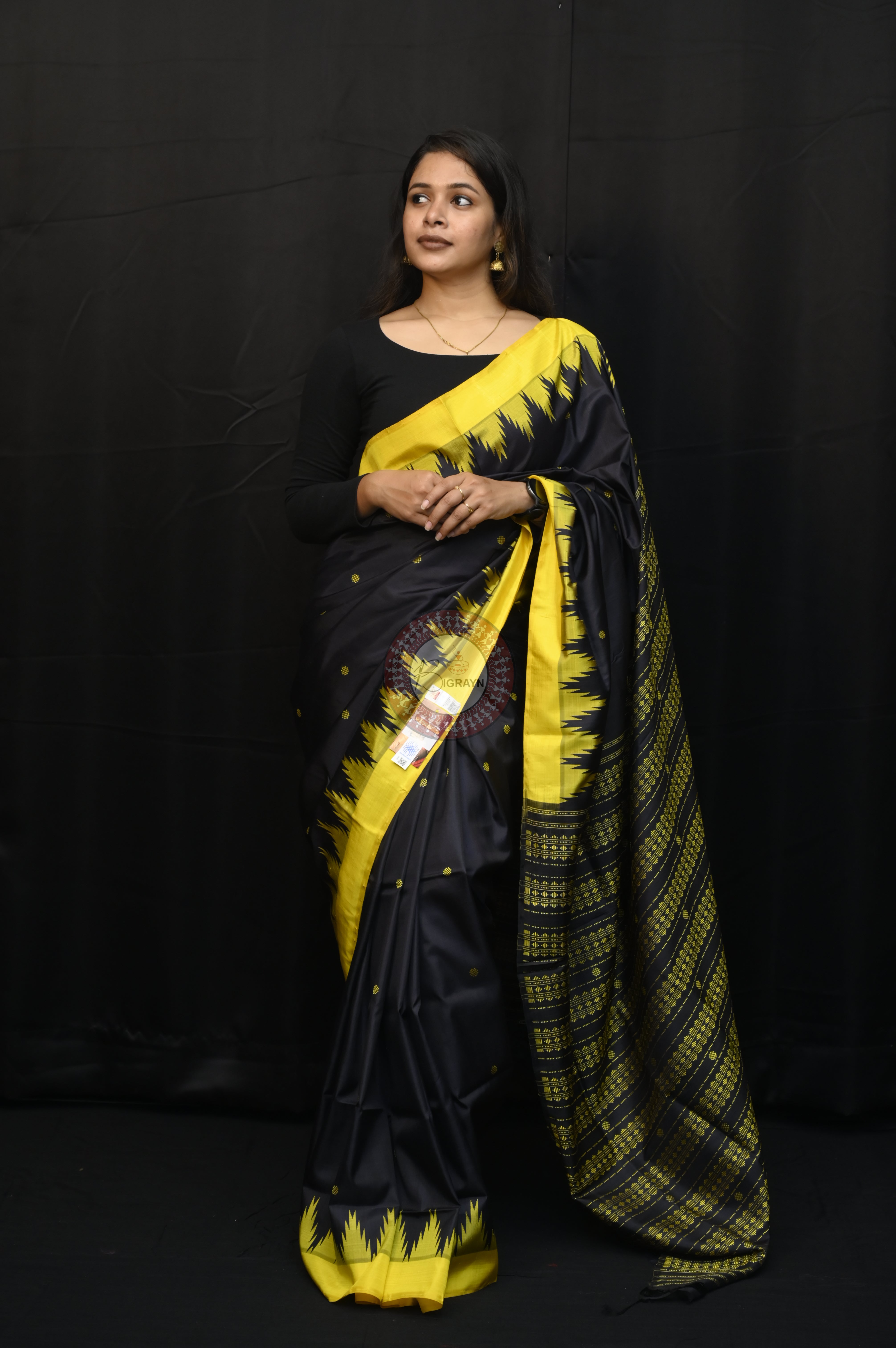 Black Yellow Double Anchal Berhampuri Silk Saree