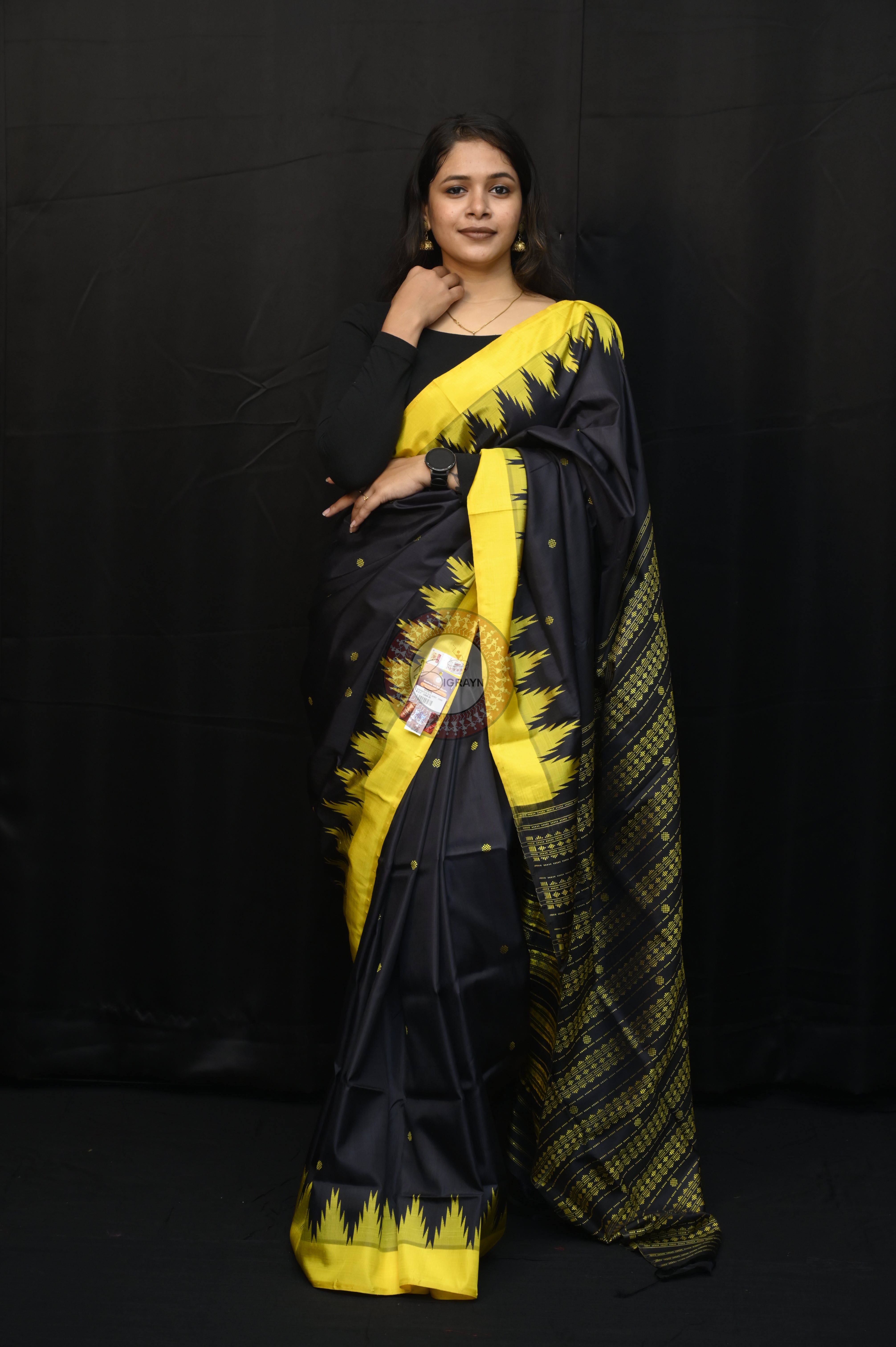 Black Yellow Double Anchal Berhampuri Silk Saree