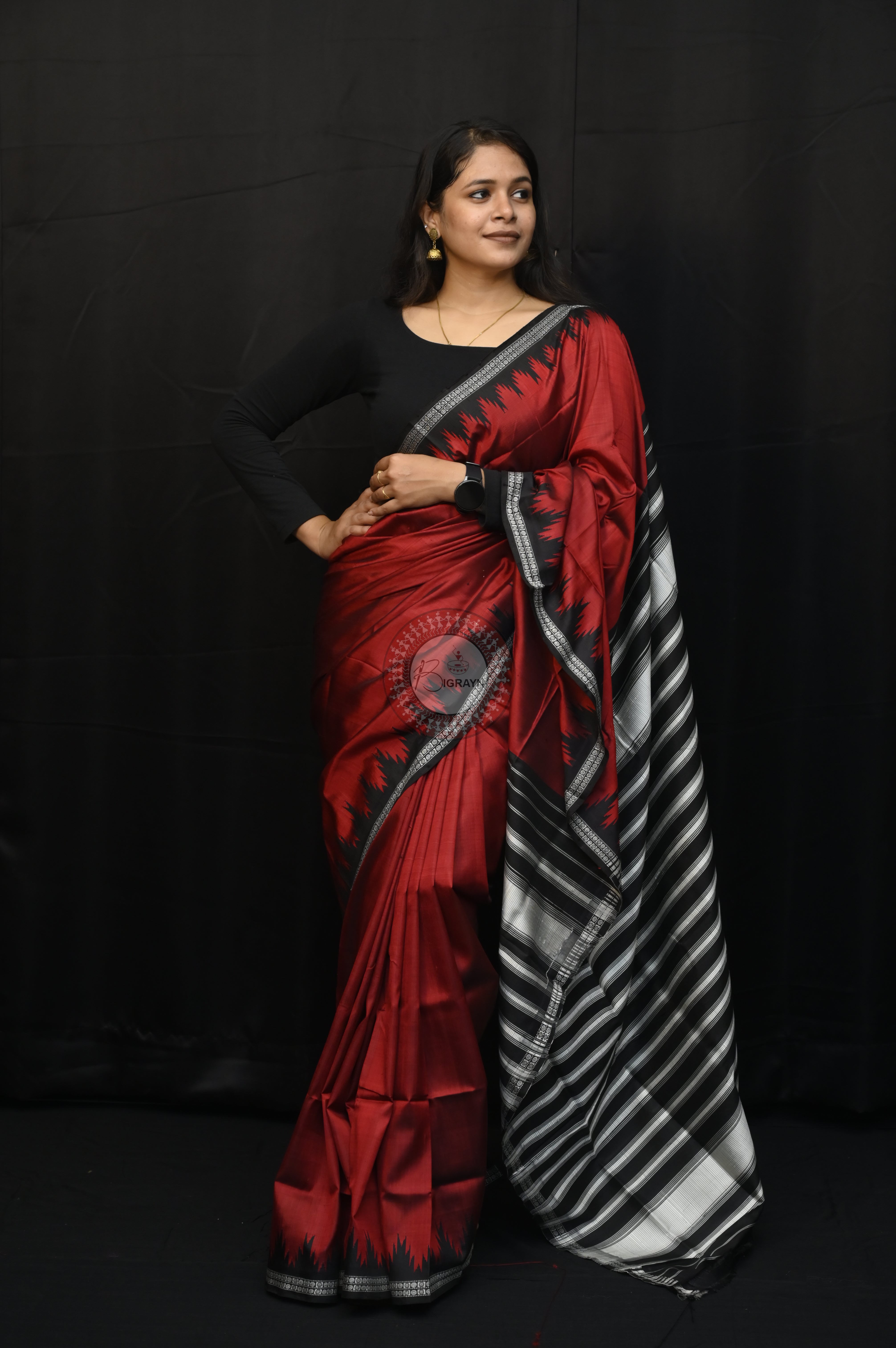 Red Black Checks Double Anchal Berhampuri Silk Saree