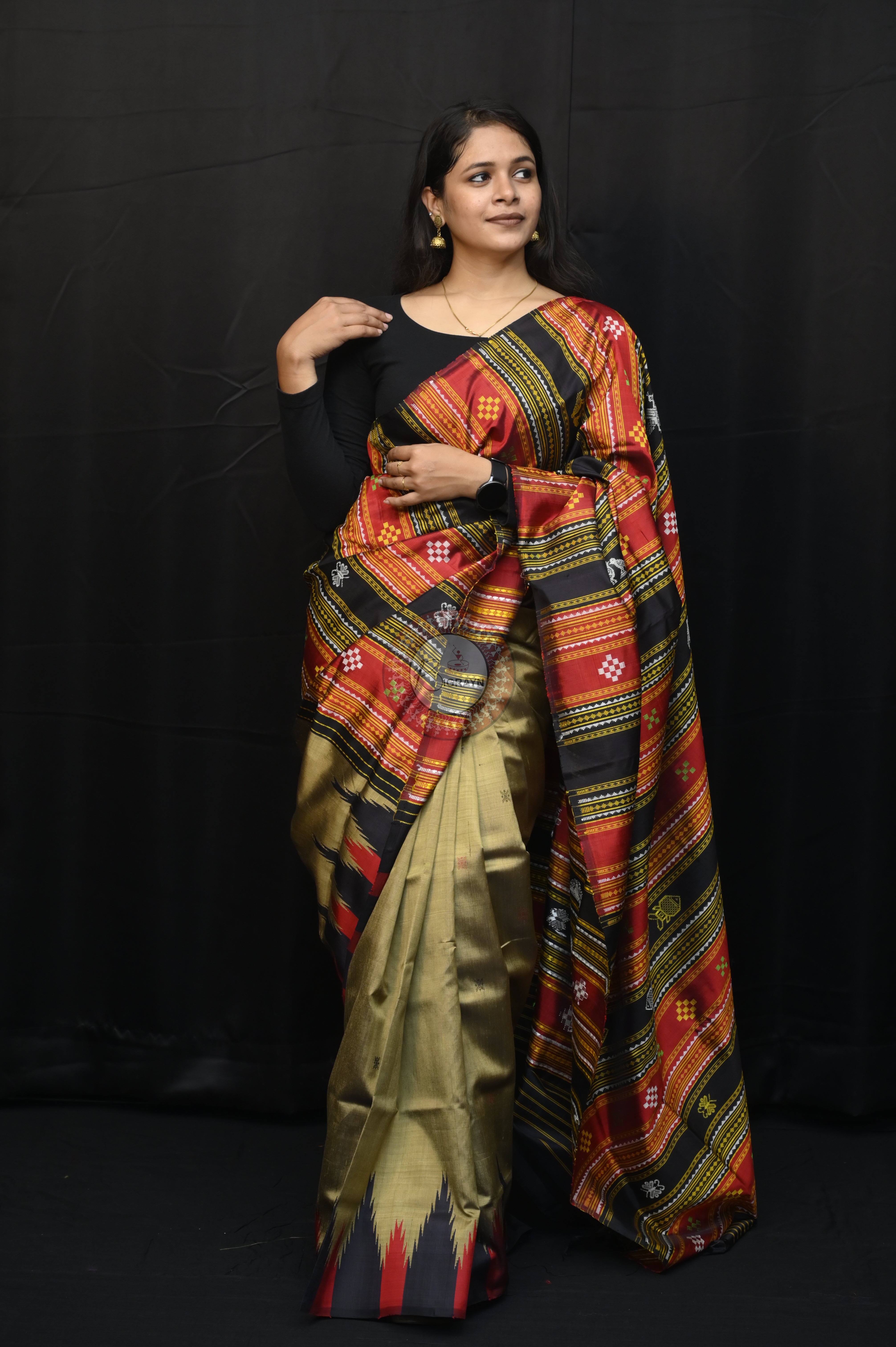 Golden Multicolour Border Double Anchal Berhampuri Silk Saree