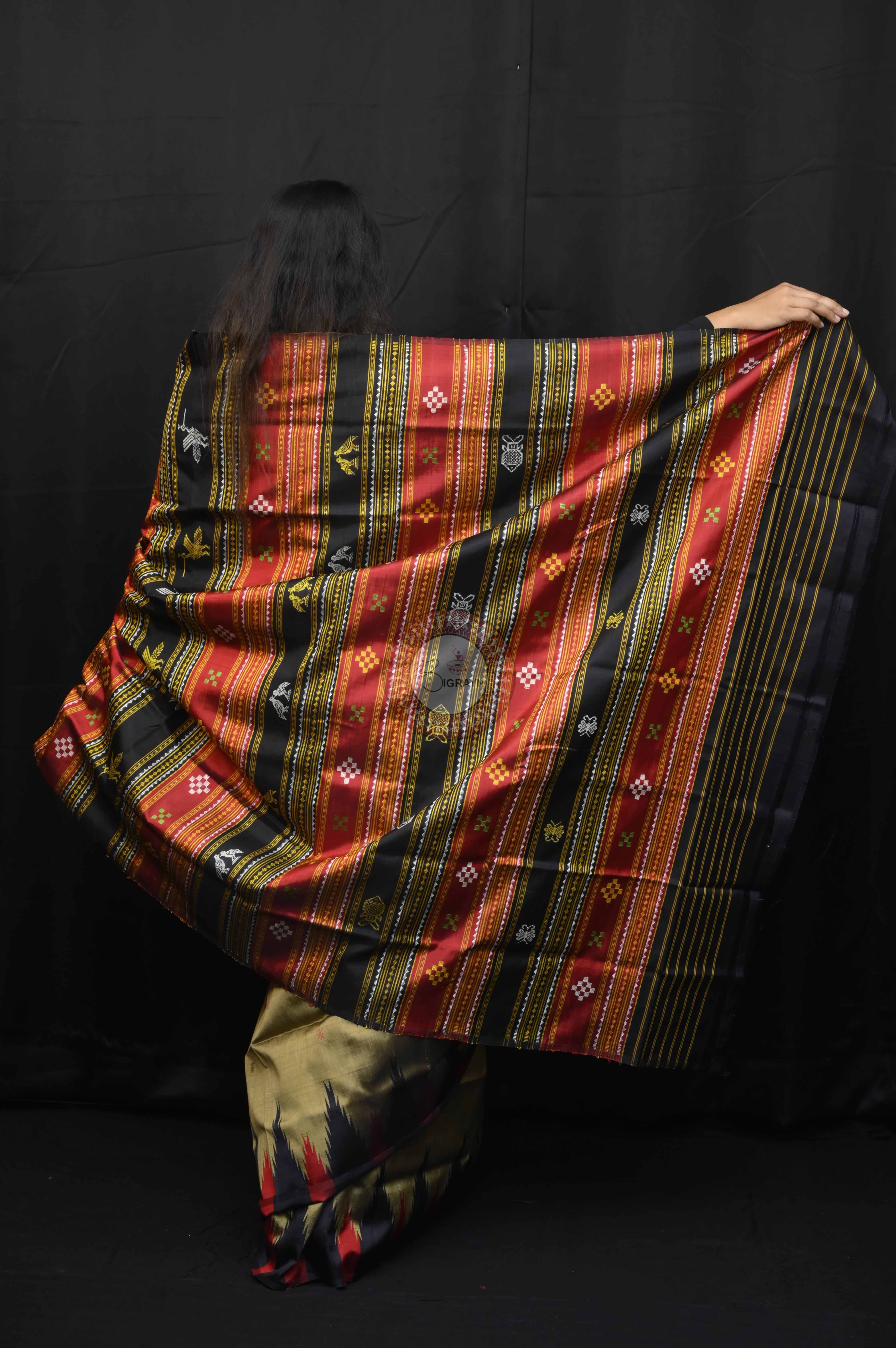 Golden Multicolour Border Double Anchal Berhampuri Silk Saree