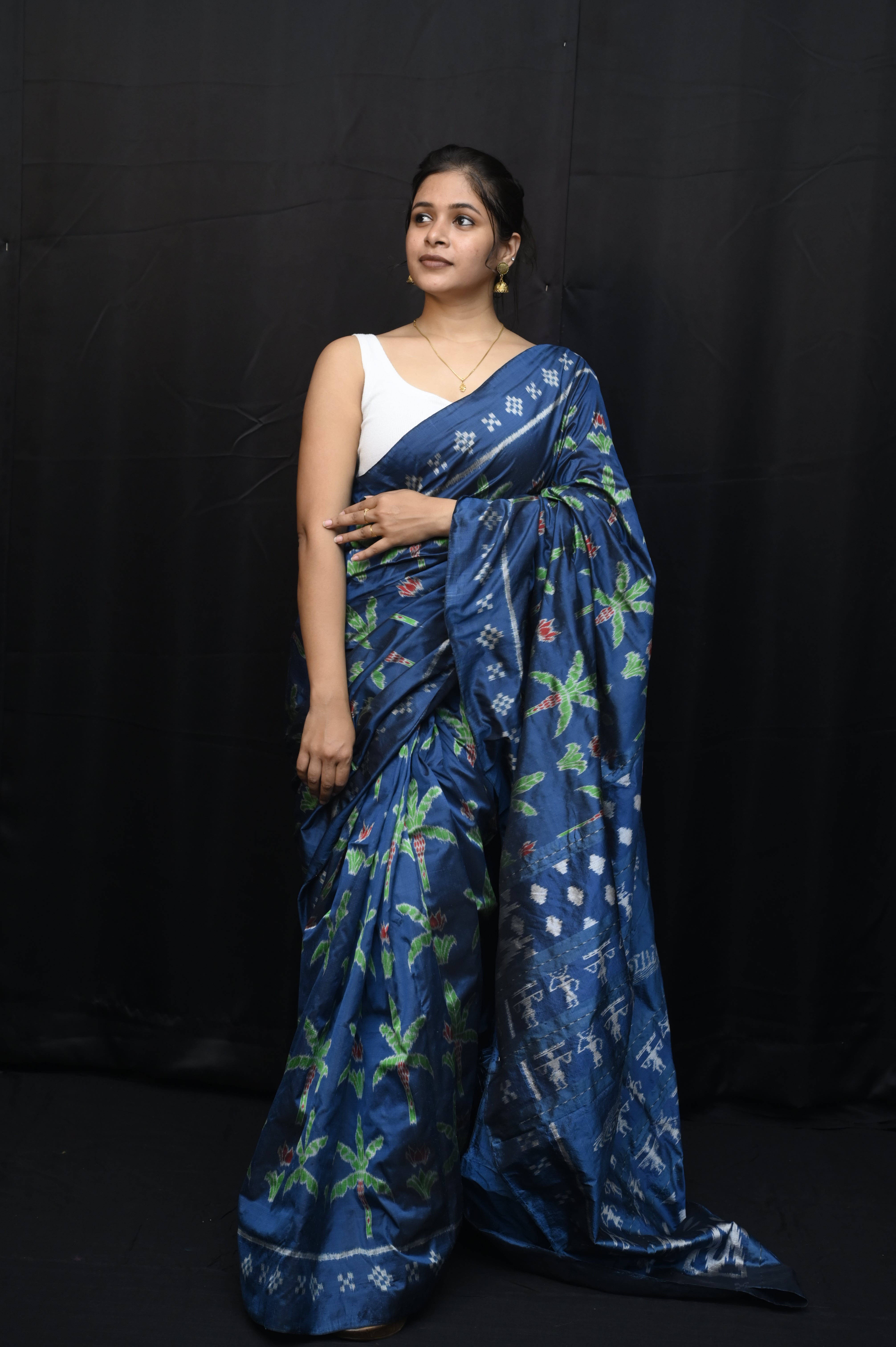 Indigo Blue Banana Tree Design Mulberry Silk Saree