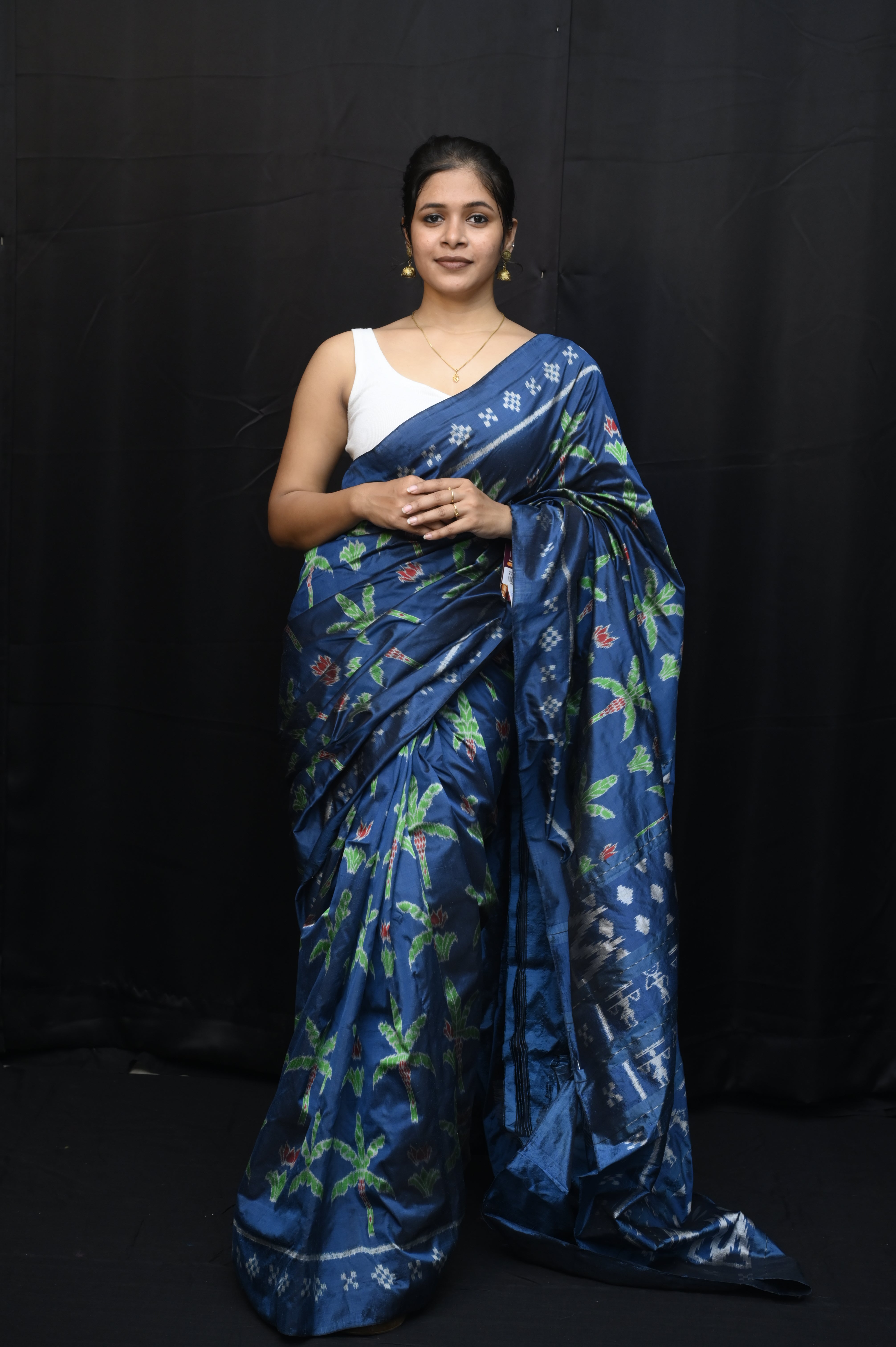 Indigo Blue Banana Tree Design Mulberry Silk Saree
