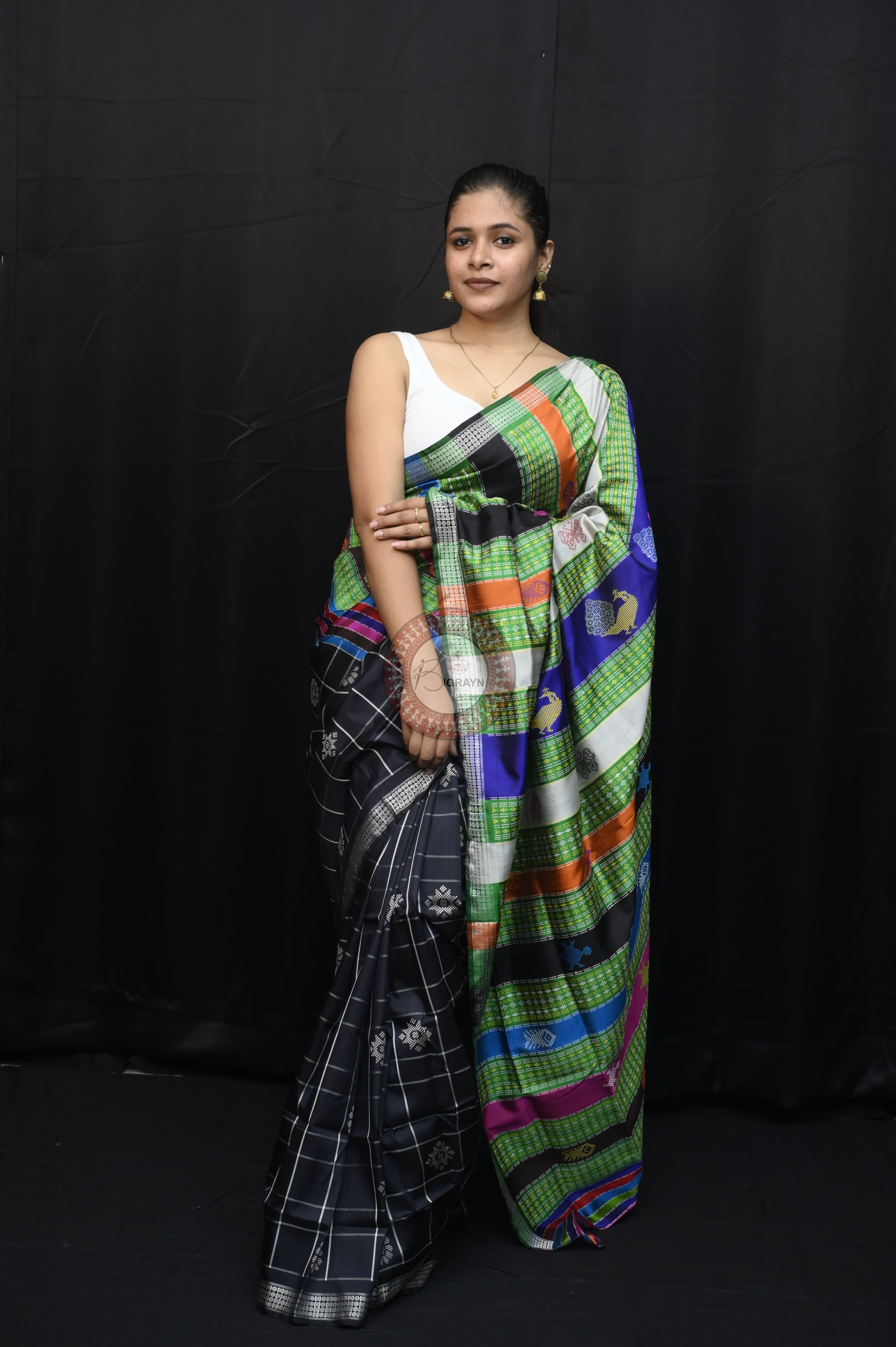 Black Checks Fish Tortoise Double Anchal Berhampuri Silk Saree