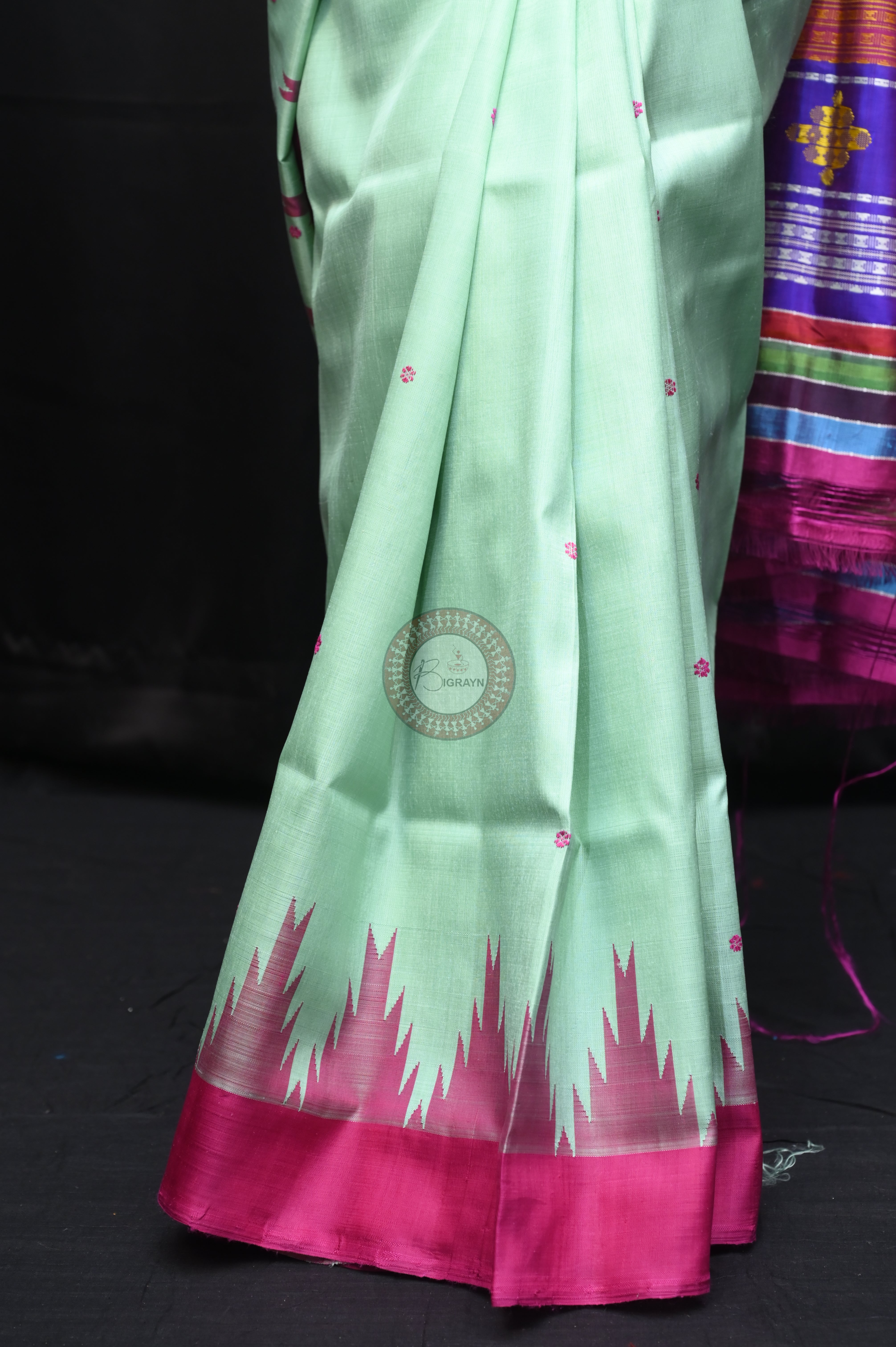 Torquoise Blue Red Double Anchal Berhampuri Silk Saree