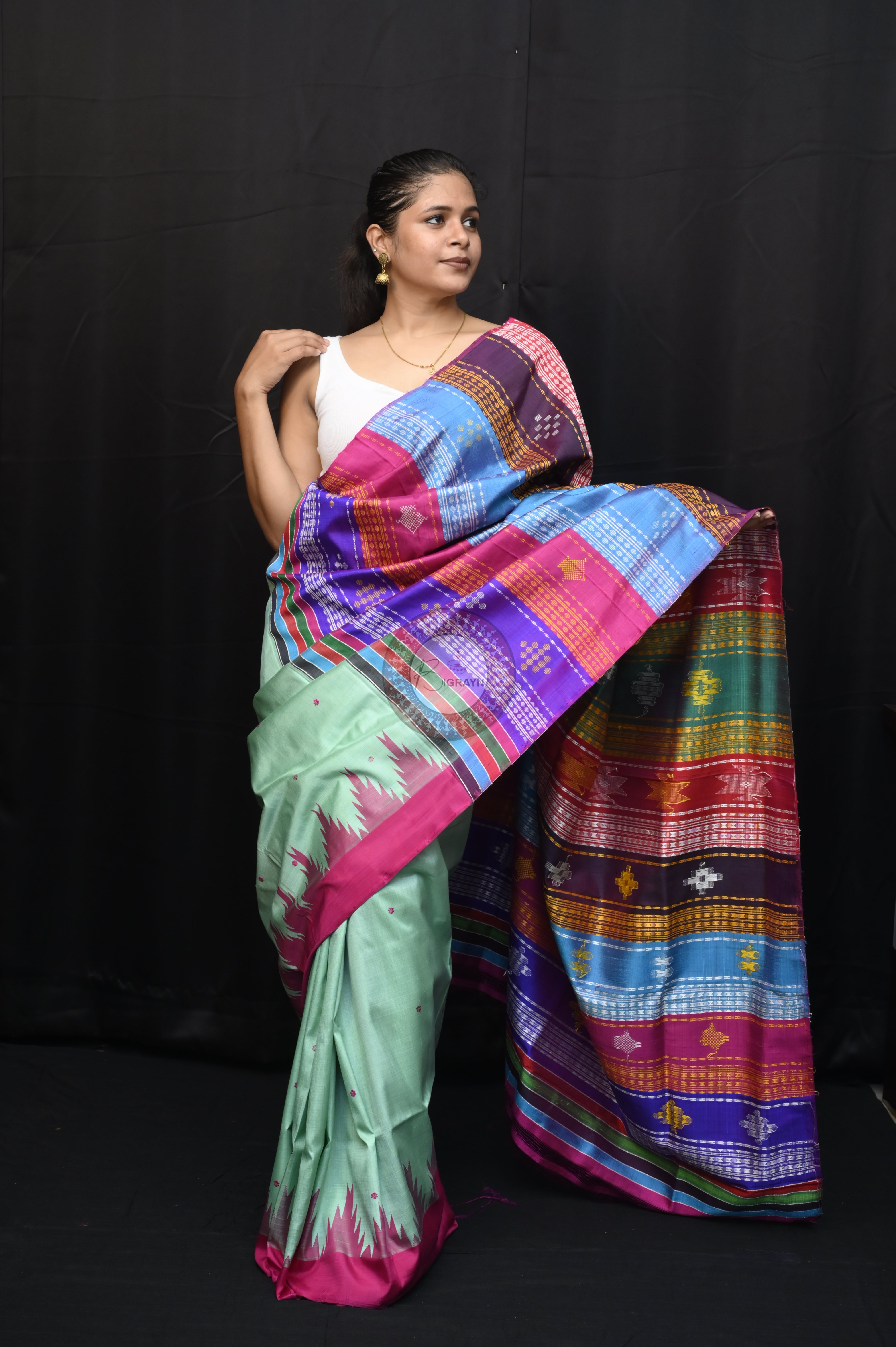 Torquoise Blue Red Double Anchal Berhampuri Silk Saree