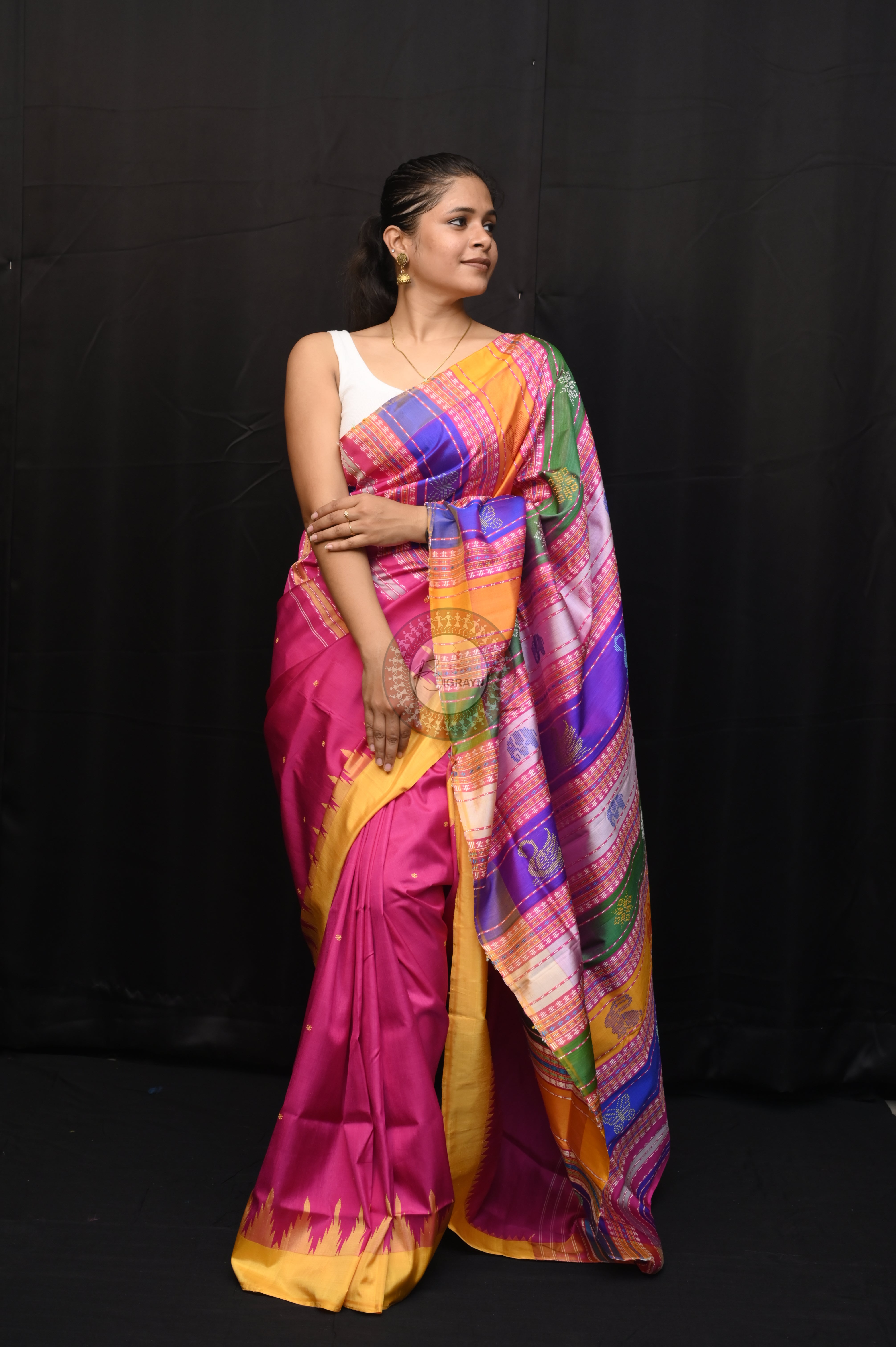 Magenta Yellow Double Animal Anchal Berhampuri Silk Saree