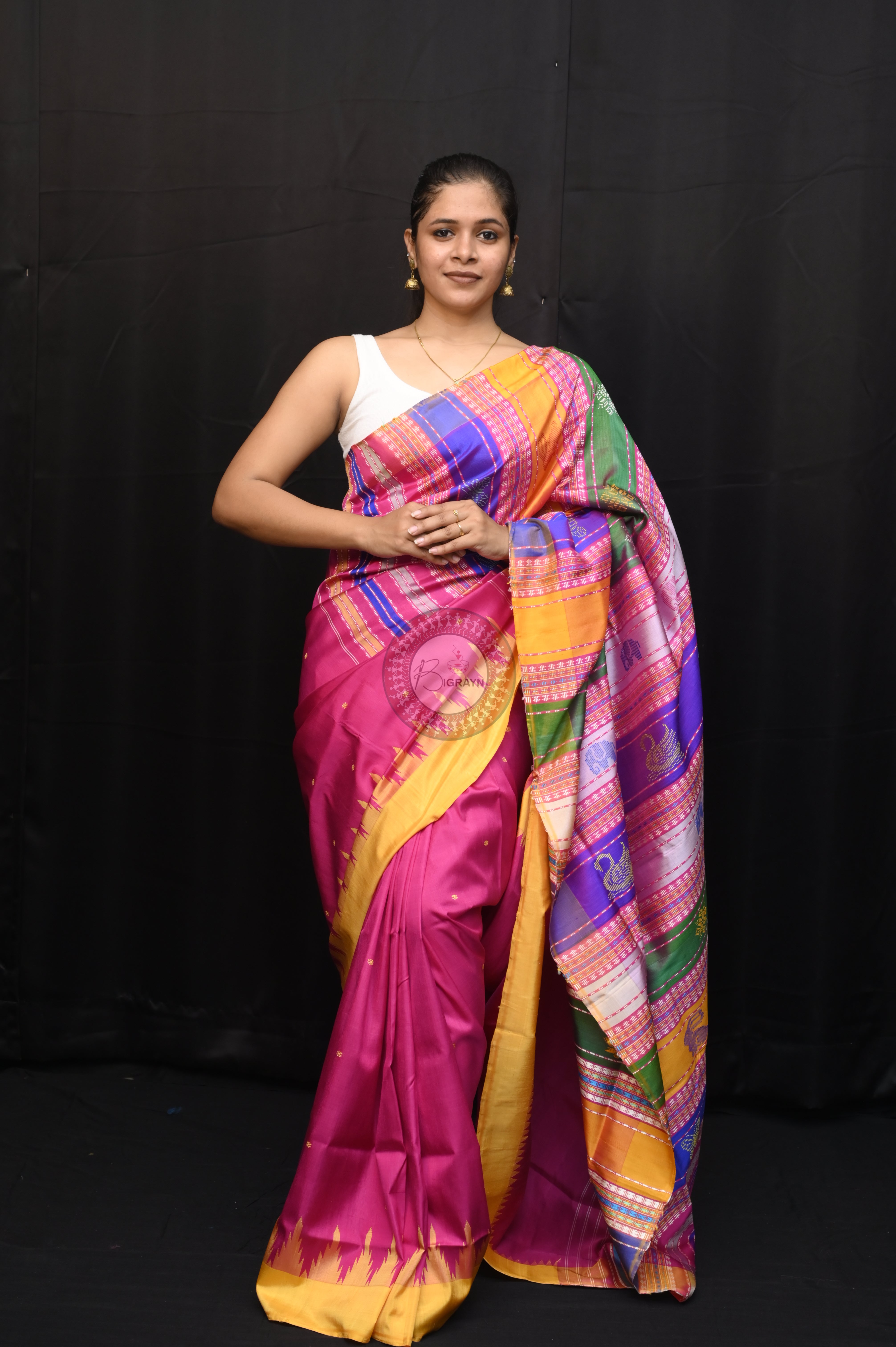 Magenta Yellow Double Anchal Berhampuri Silk Saree