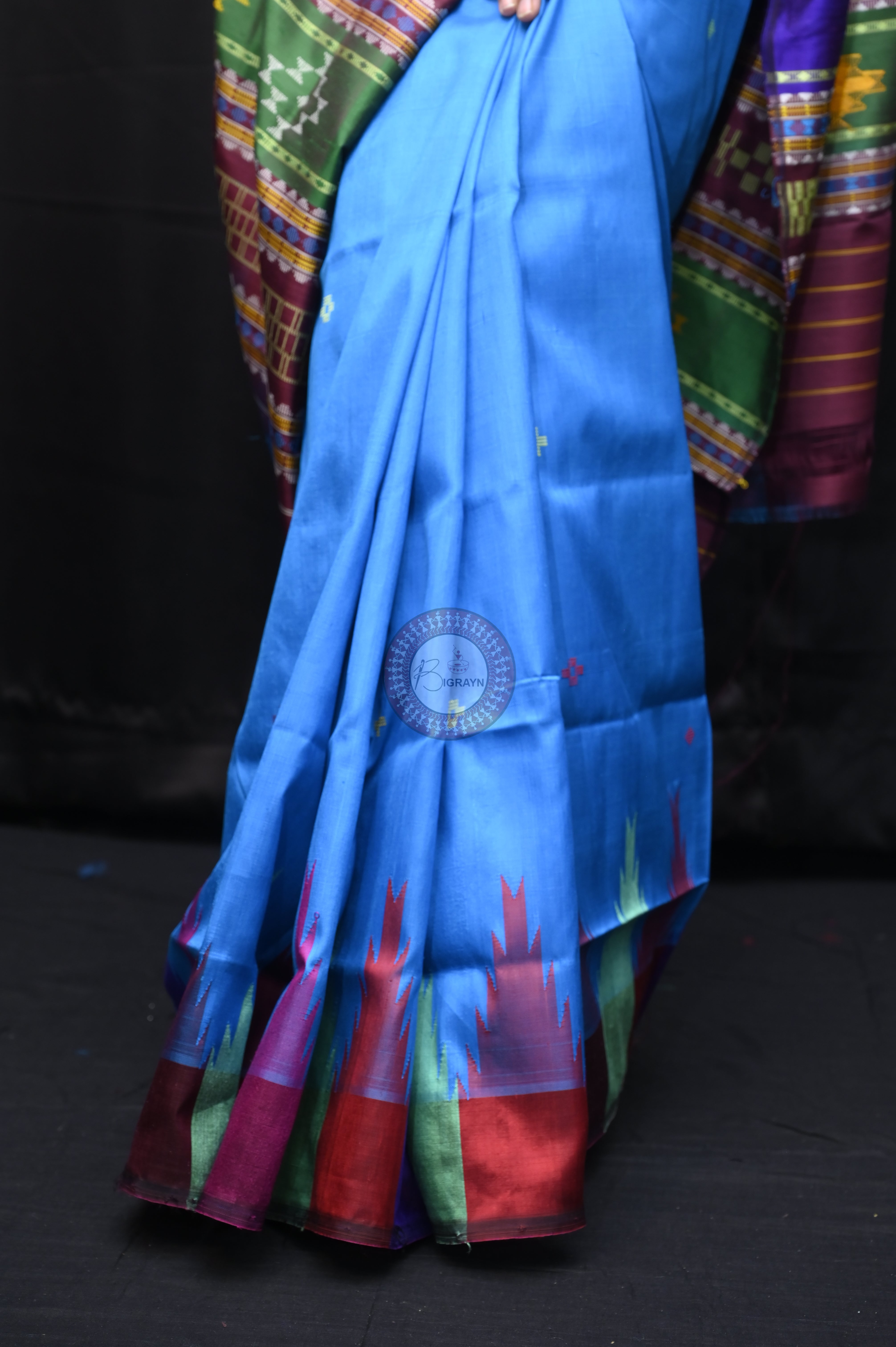 Blue Multicolour Border Double Anchal Berhampuri Silk Saree