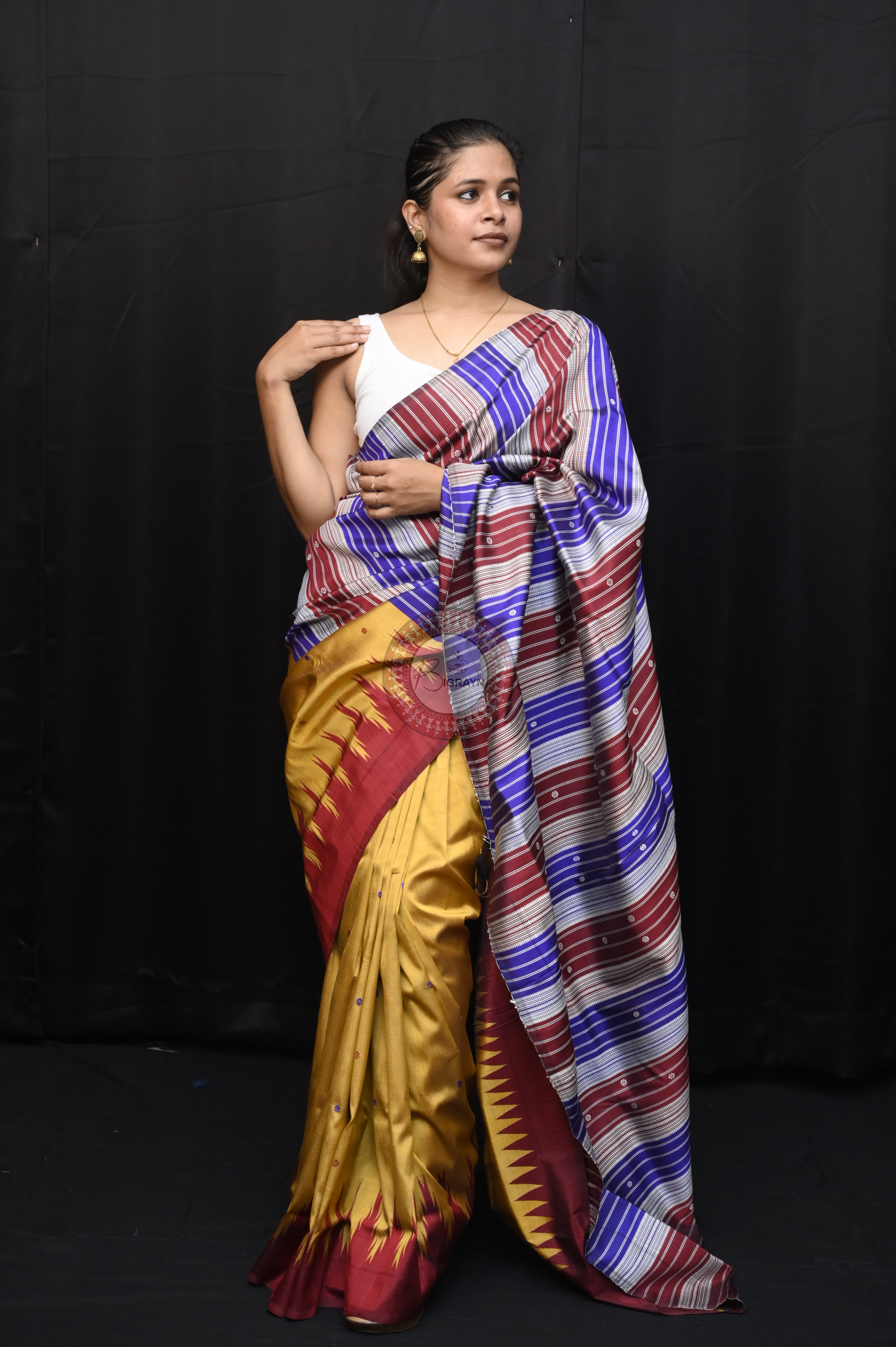 Golden Ganga Jamuna Border Double Anchal Berhampuri Silk Saree