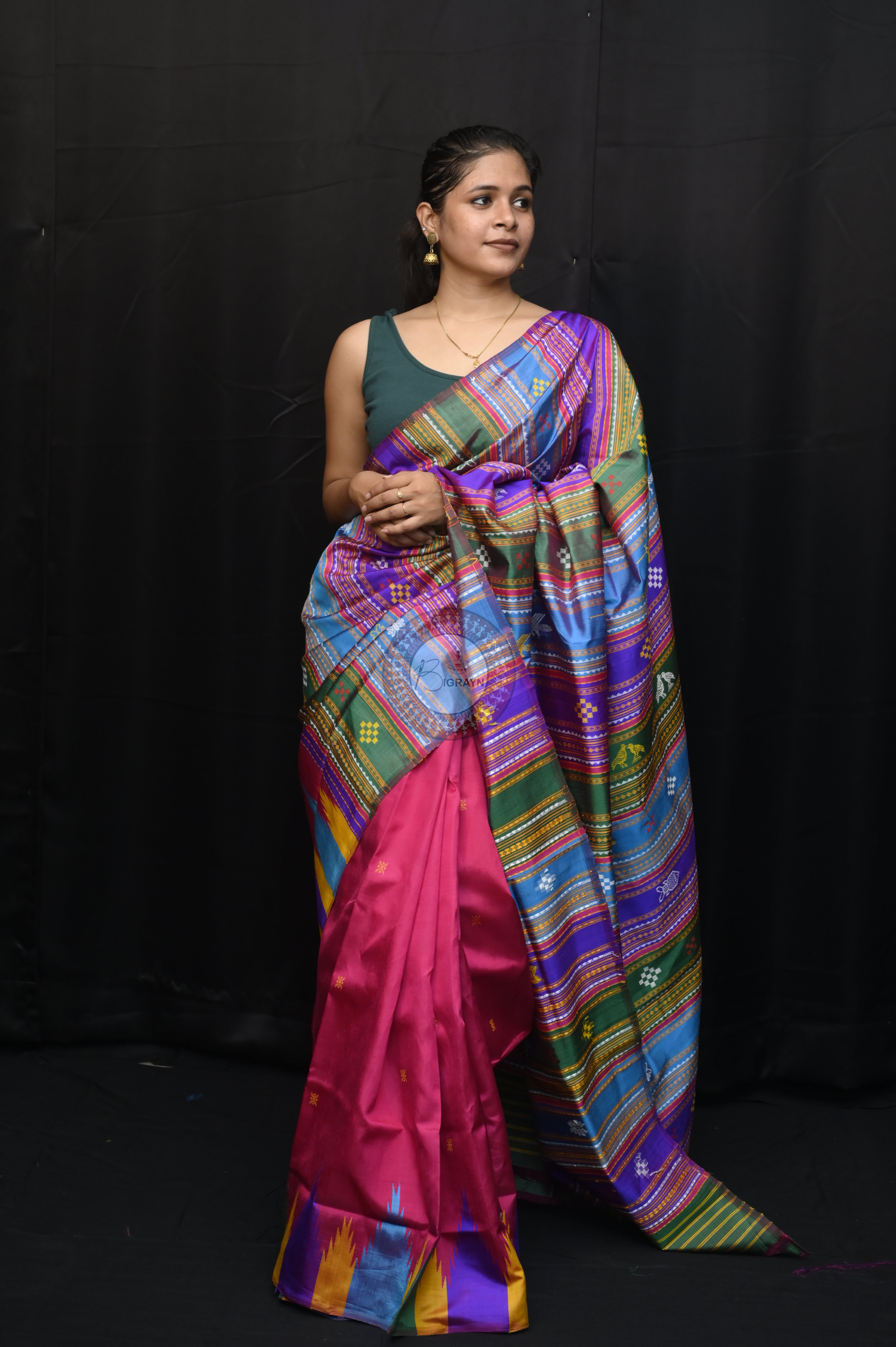 Purple Multicolour Border Double Anchal Berhampuri Silk Saree