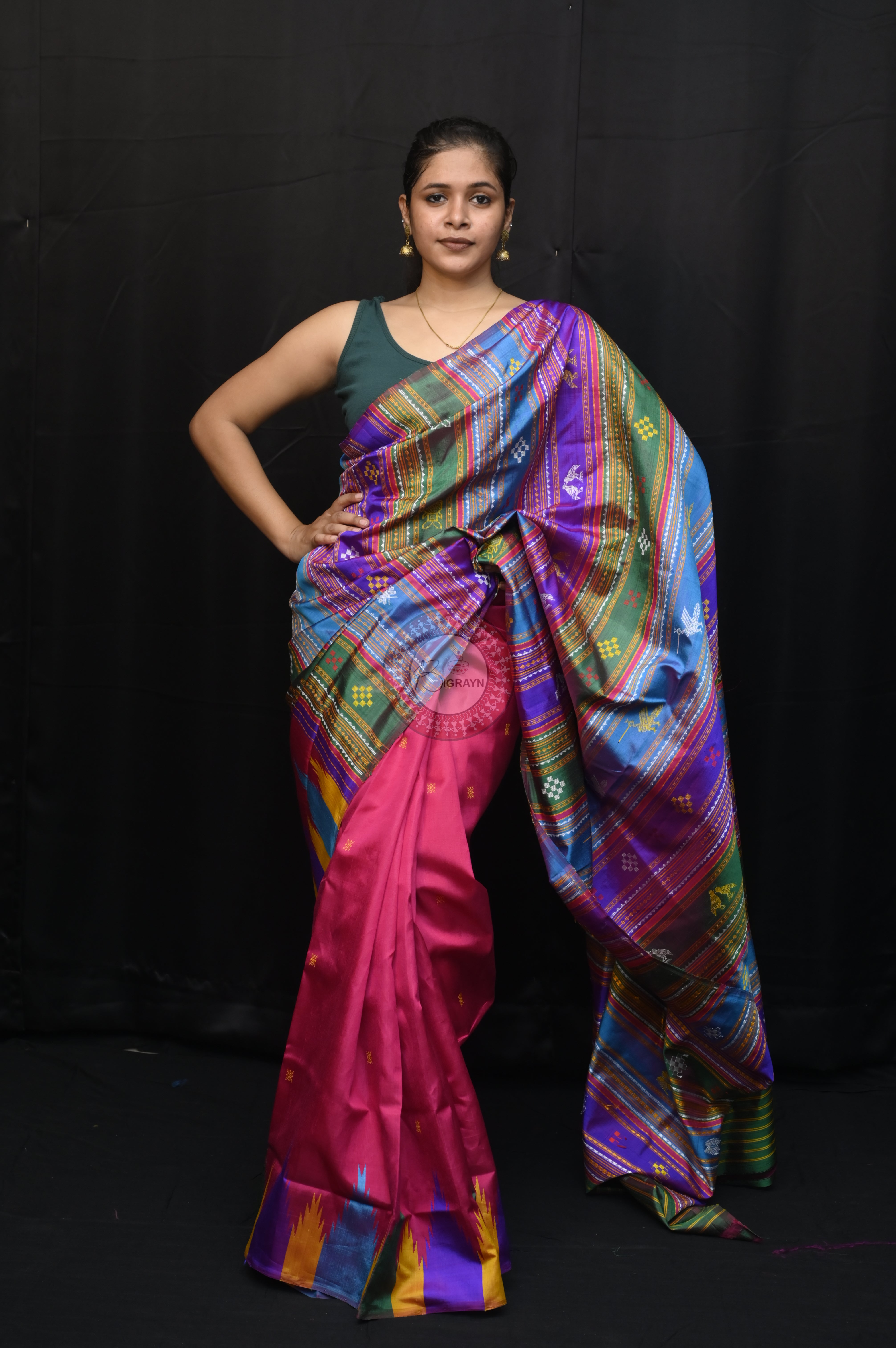 Purple Multicolour Border Double Anchal Berhampuri Silk Saree
