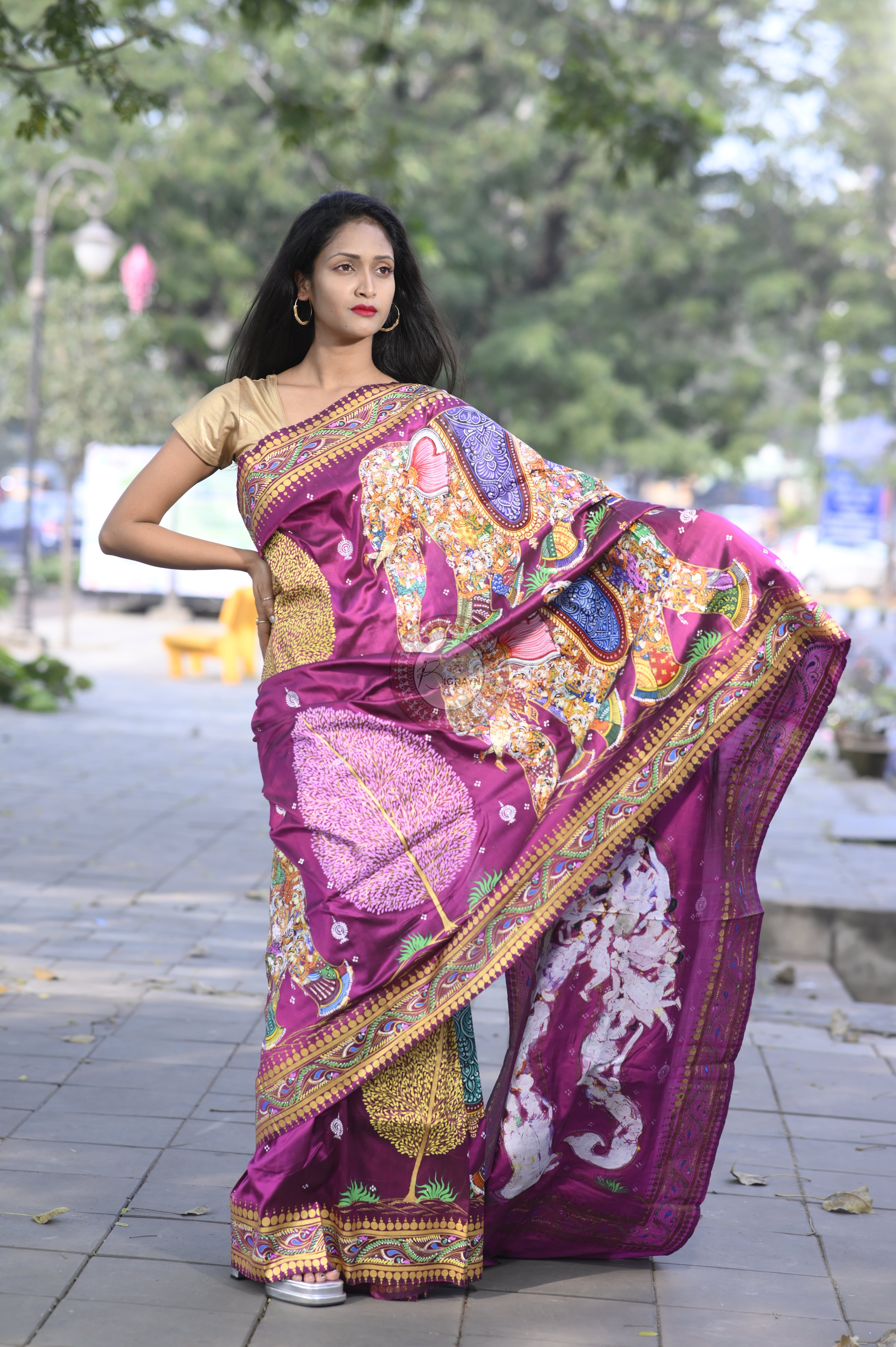 Purple 7 Figure Kandrap Hasti Theme Pattachitra Silk Saree