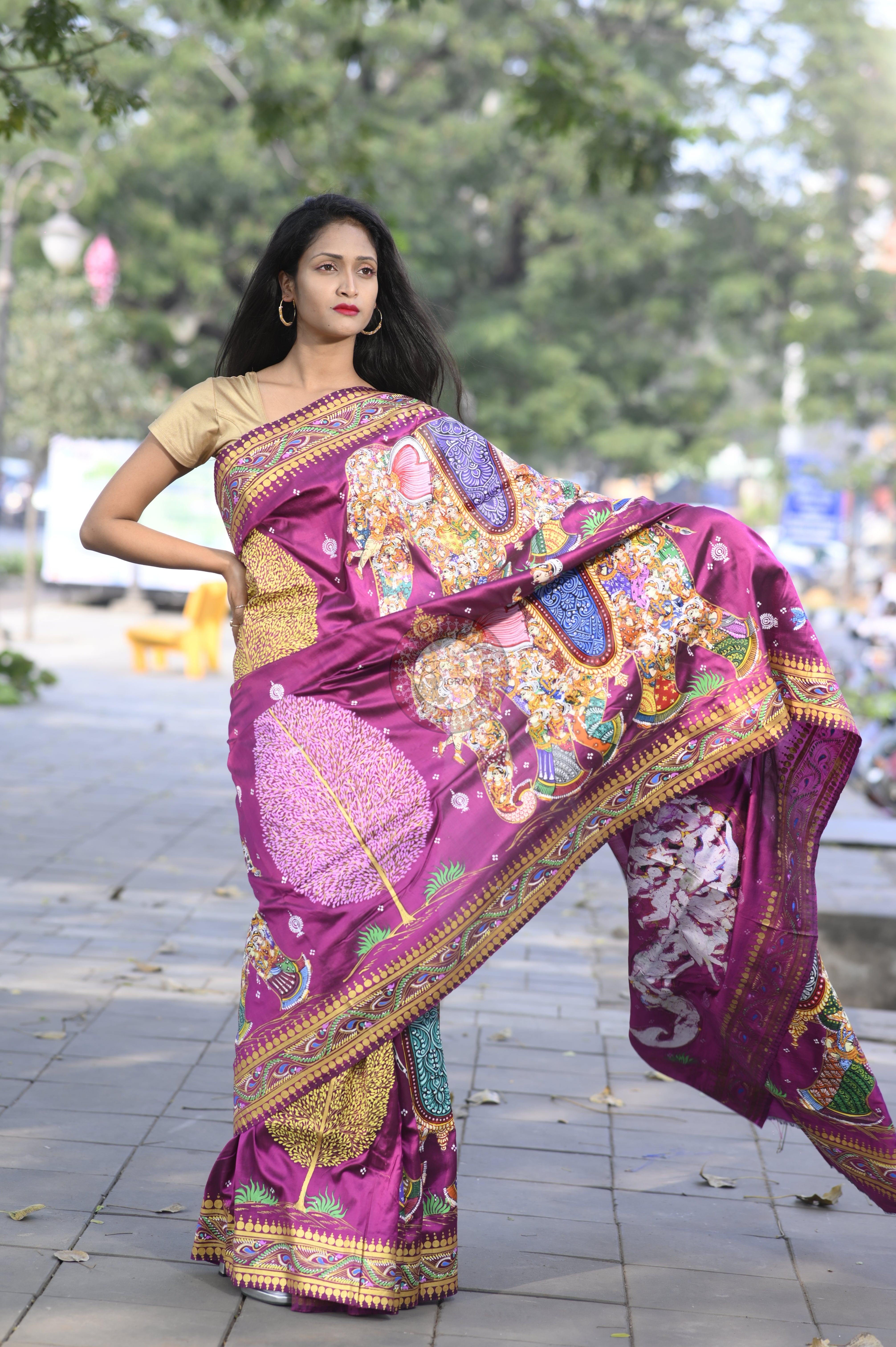 Purple 7 Figure Kandrap Hasti Theme Pattachitra Silk Saree