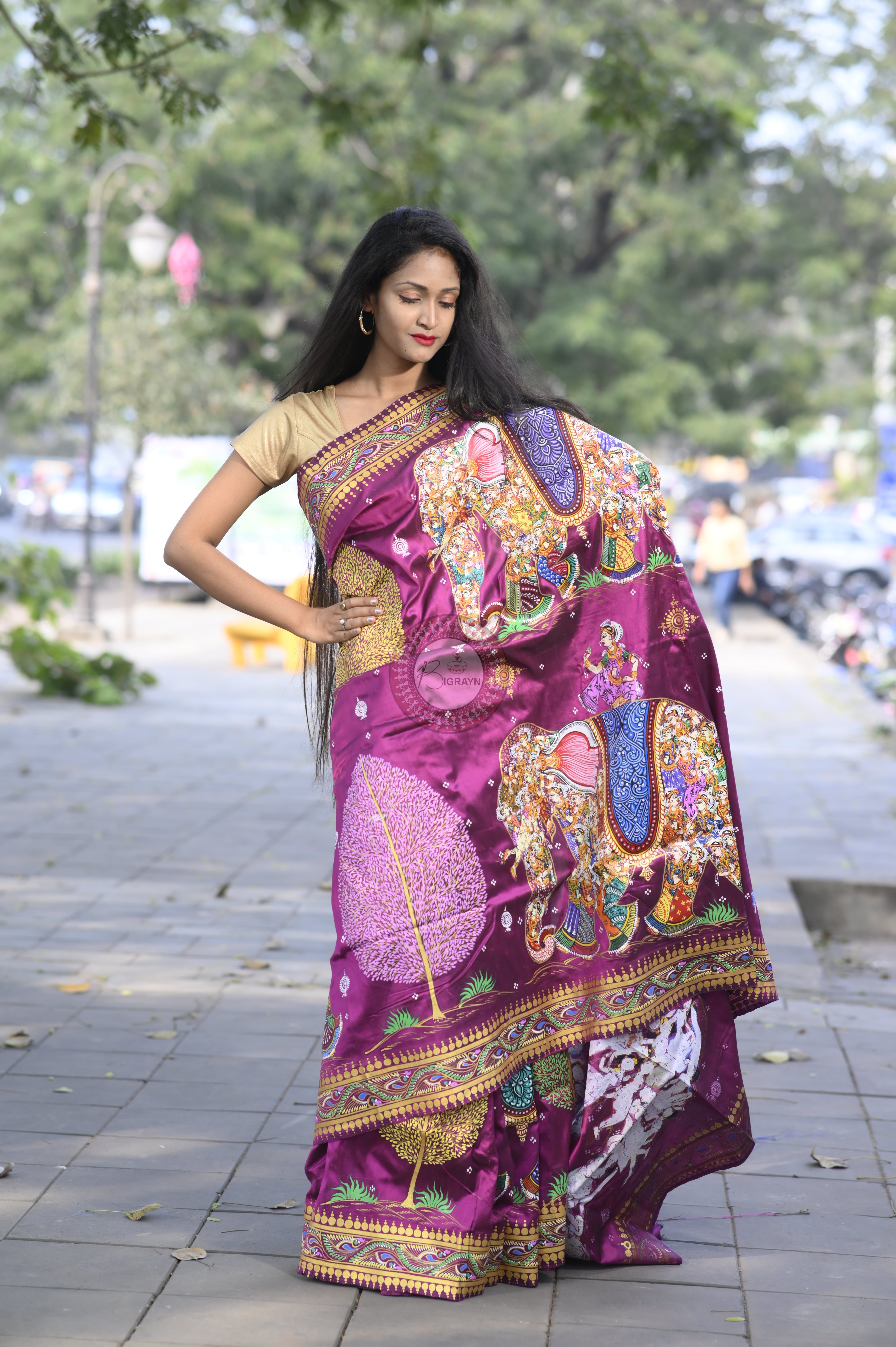 Purple 7 Figure Kandrap Hasti Theme Pattachitra Silk Saree