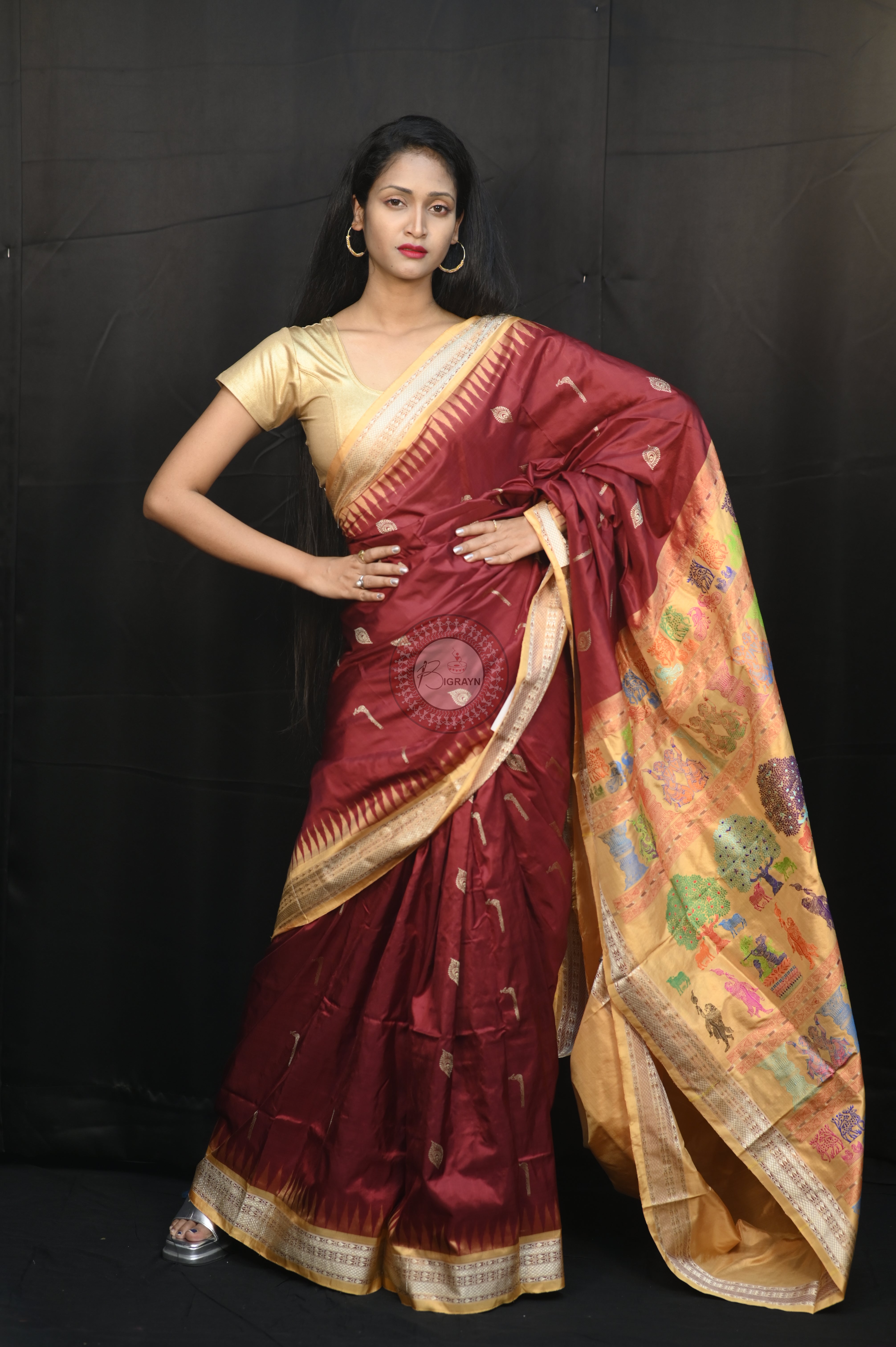 Maroon Golden Rasleela Exclusive Sambalpuri Silk Saree