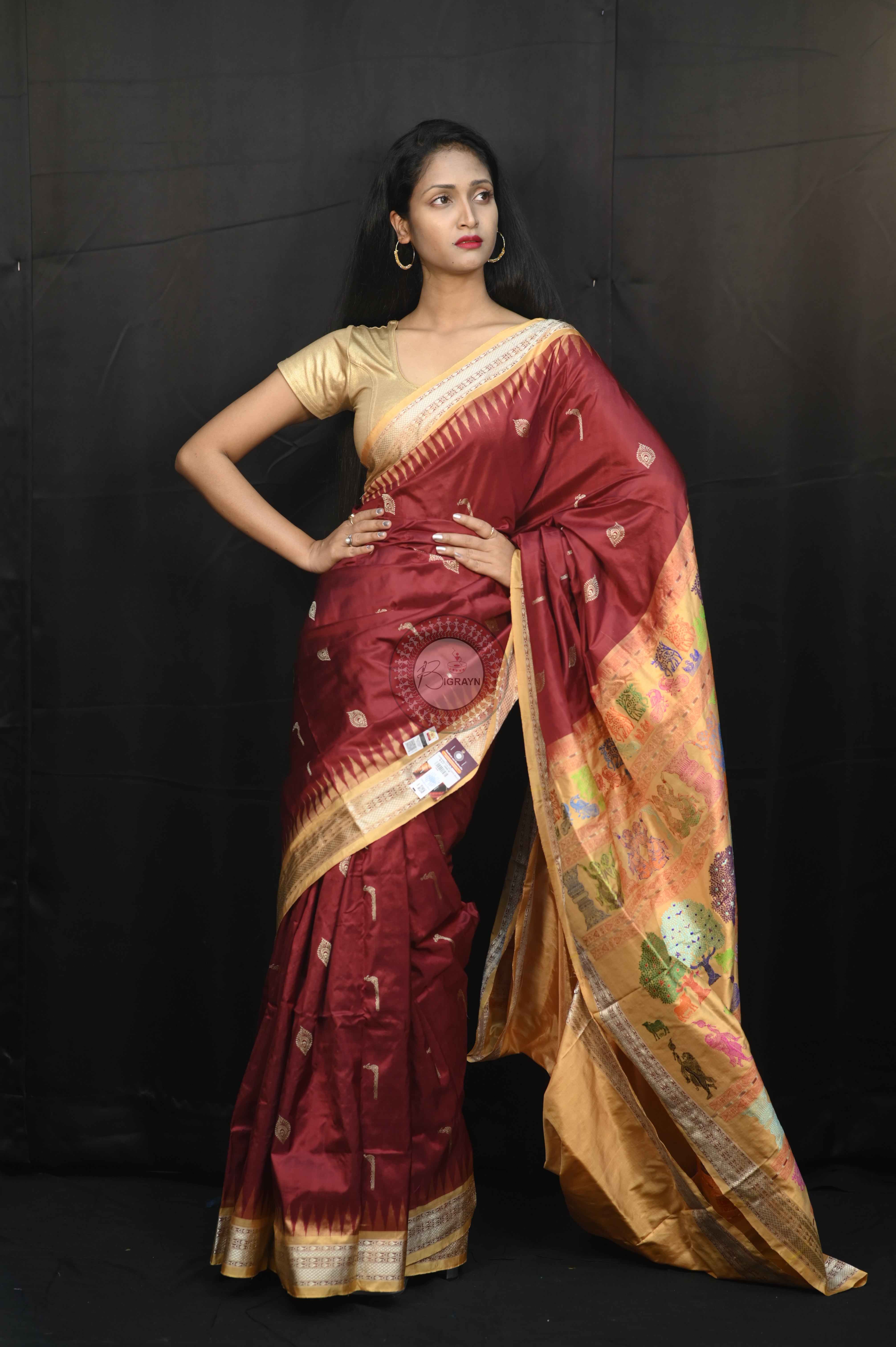 Maroon Golden Rasleela Exclusive Sambalpuri Silk Saree