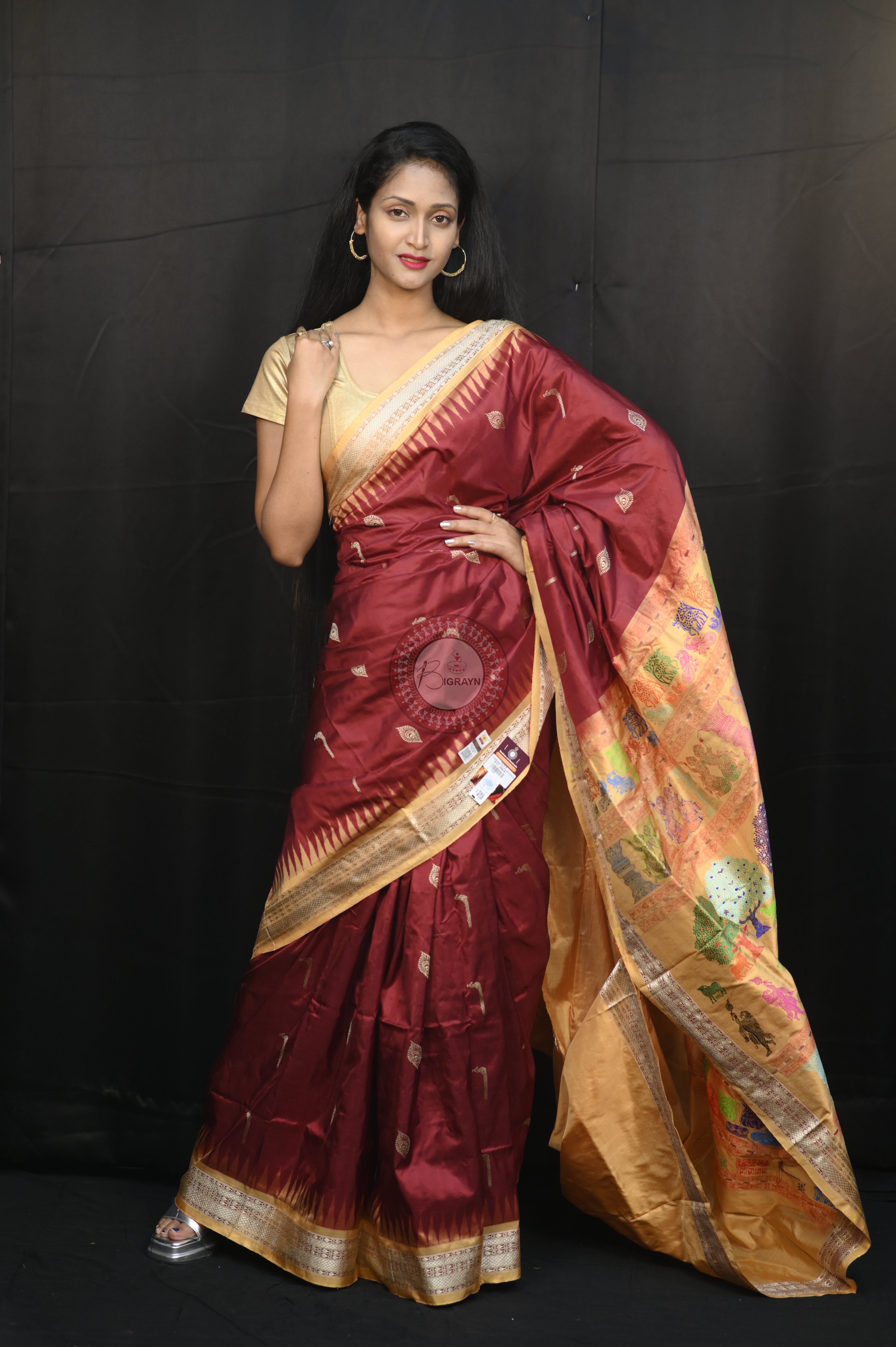Maroon Golden Rasleela Exclusive Sambalpuri Silk Saree