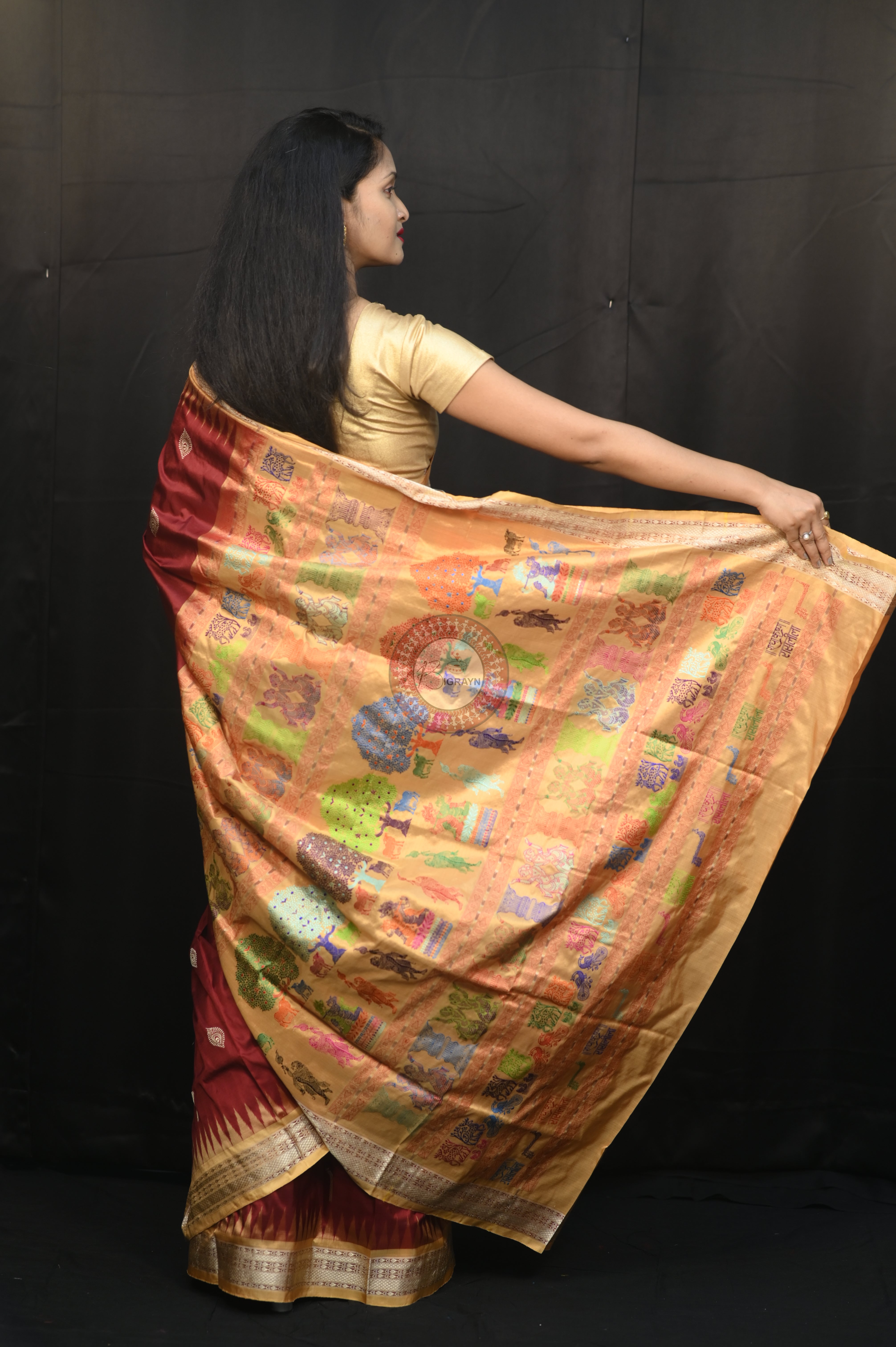 Maroon Golden Rasleela Exclusive Sambalpuri Silk Saree