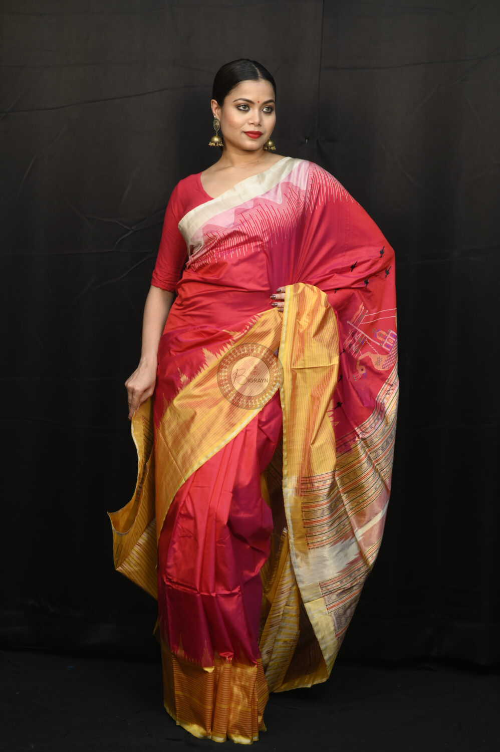 "Odisha Handloom Tissue Silk Saree with shimmering texture, elegant zari border, and lightweight drape, handcrafted by artisans"