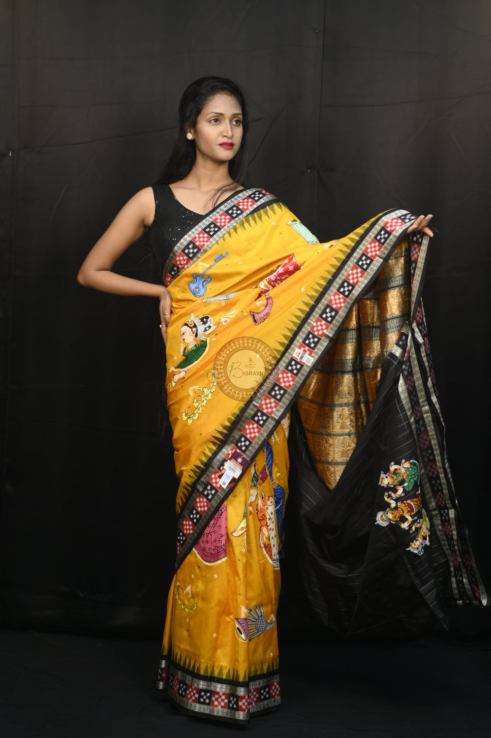Yellow Black Dancer And Musical Instrument Full Body Work Theme Pattachitra Sambalpuri Silk Saree