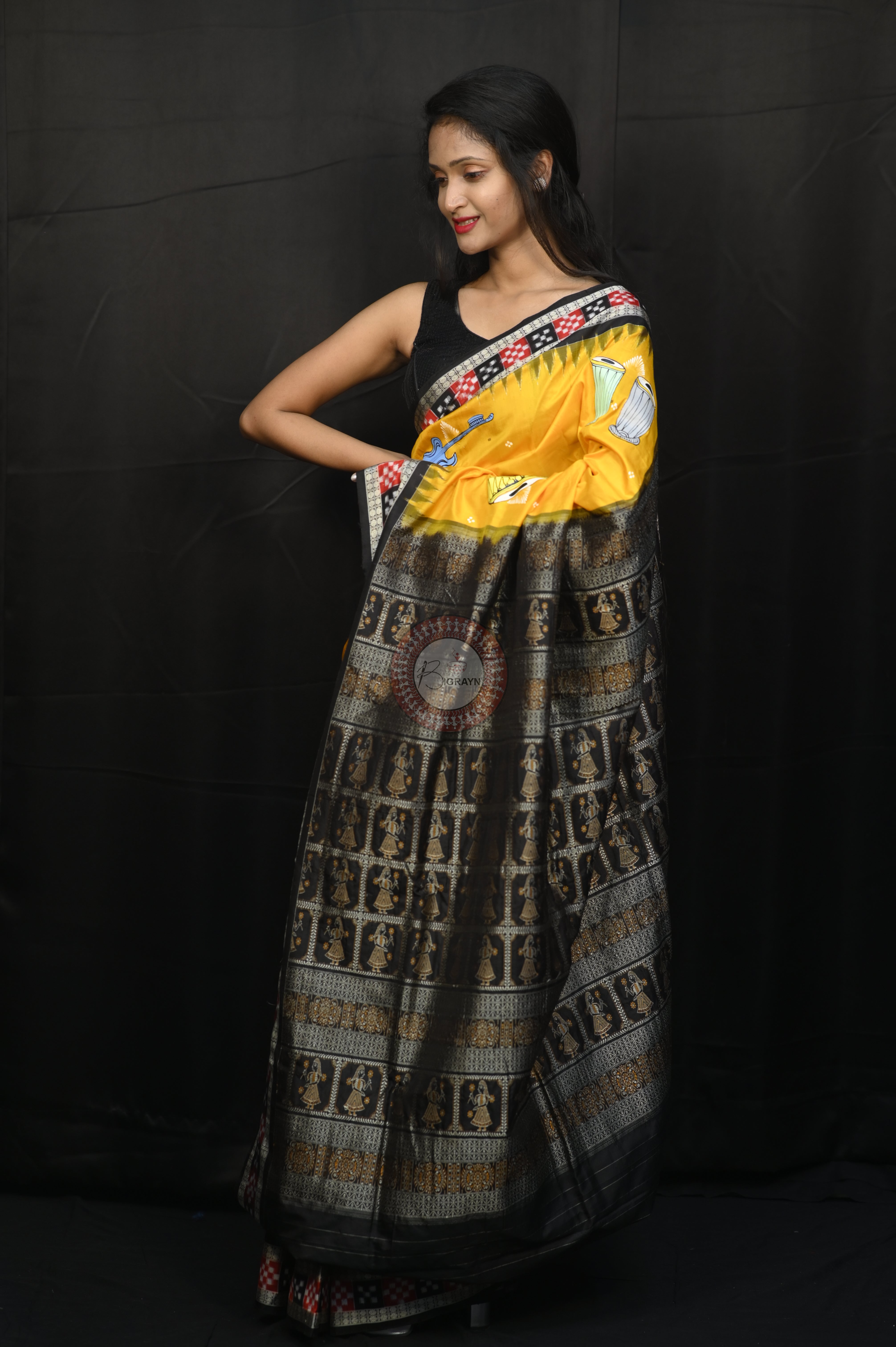 Yellow Black Dancer And Musical Instrument Full Body Work Theme Pattachitra Sambalpuri Silk Saree