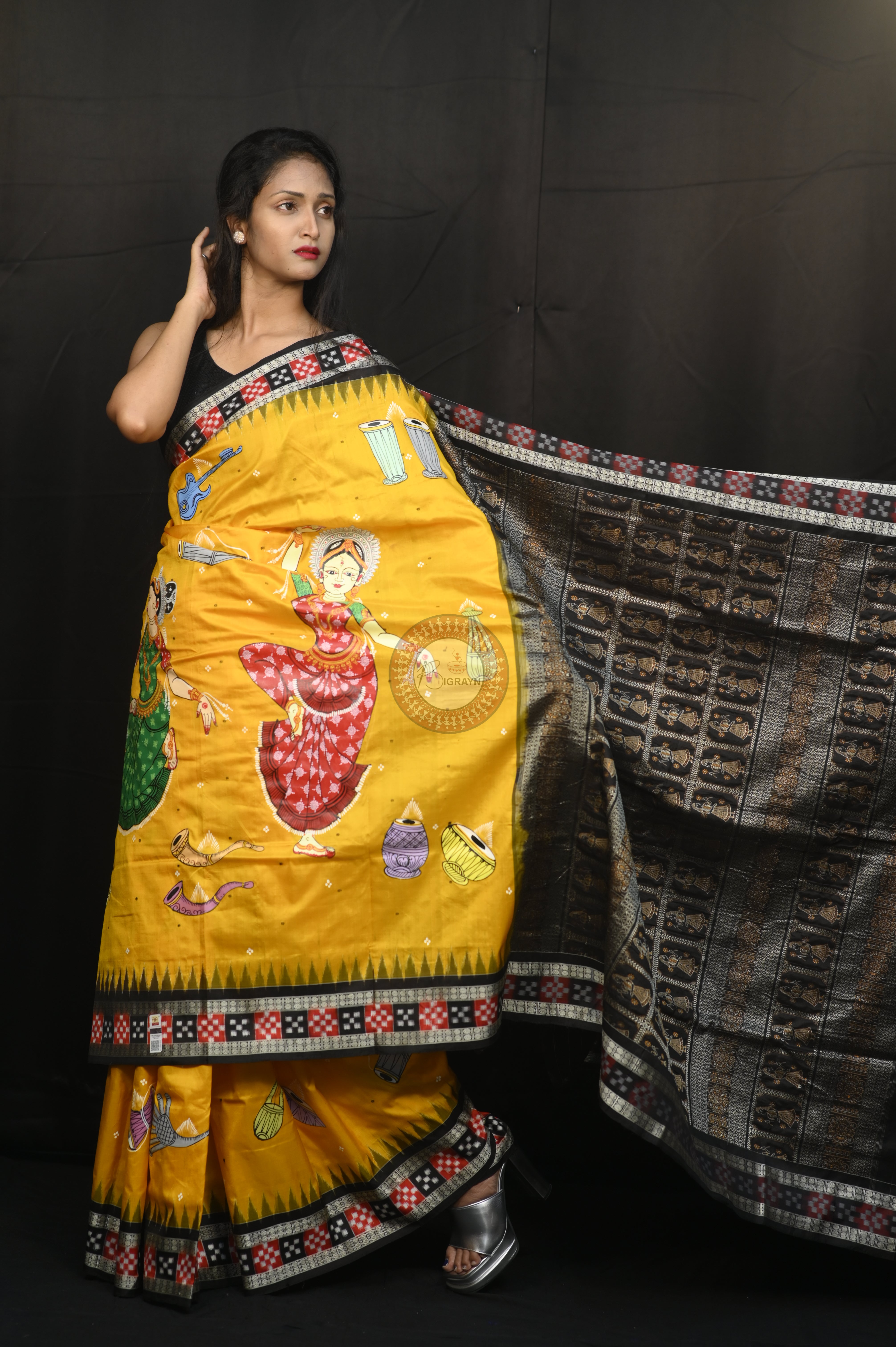 Yellow Black Dancer And Musical Instrument Full Body Work Theme Pattachitra Sambalpuri Silk Saree