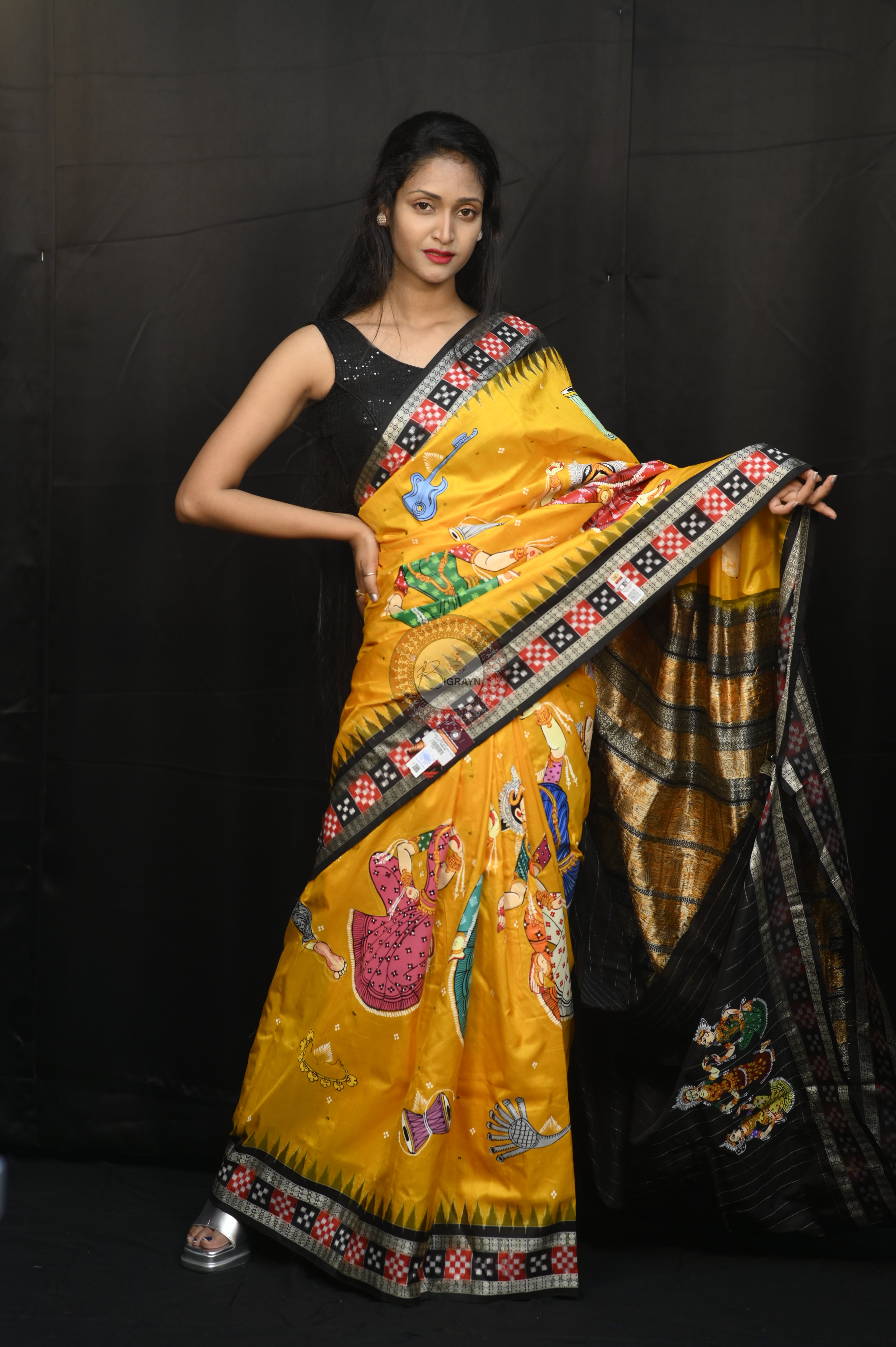 Yellow Black Dancer And Musical Instrument Full Body Work Theme Pattachitra Sambalpuri Silk Saree