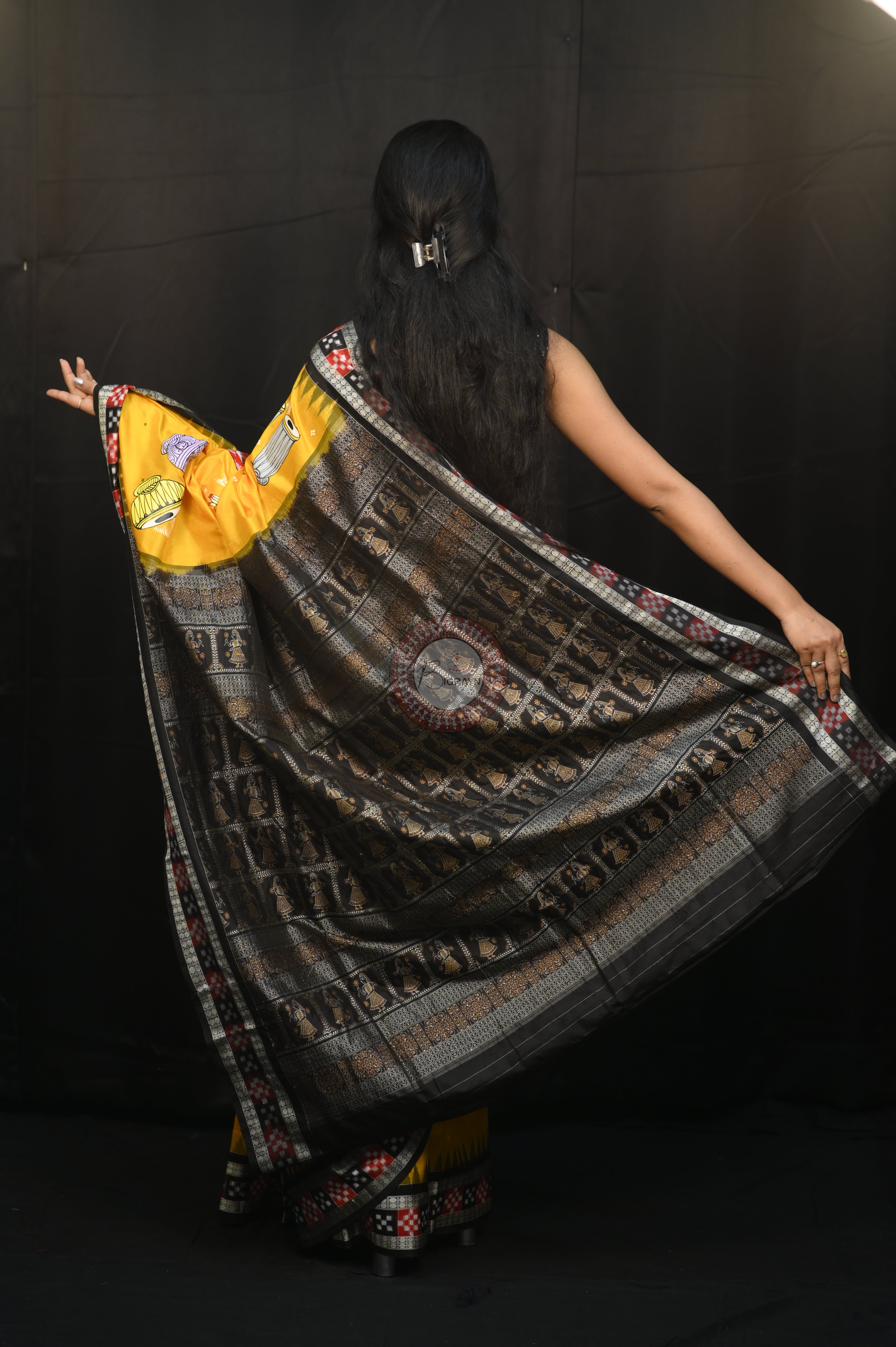 Yellow Black Dancer And Musical Instrument Full Body Work Theme Pattachitra Sambalpuri Silk Saree