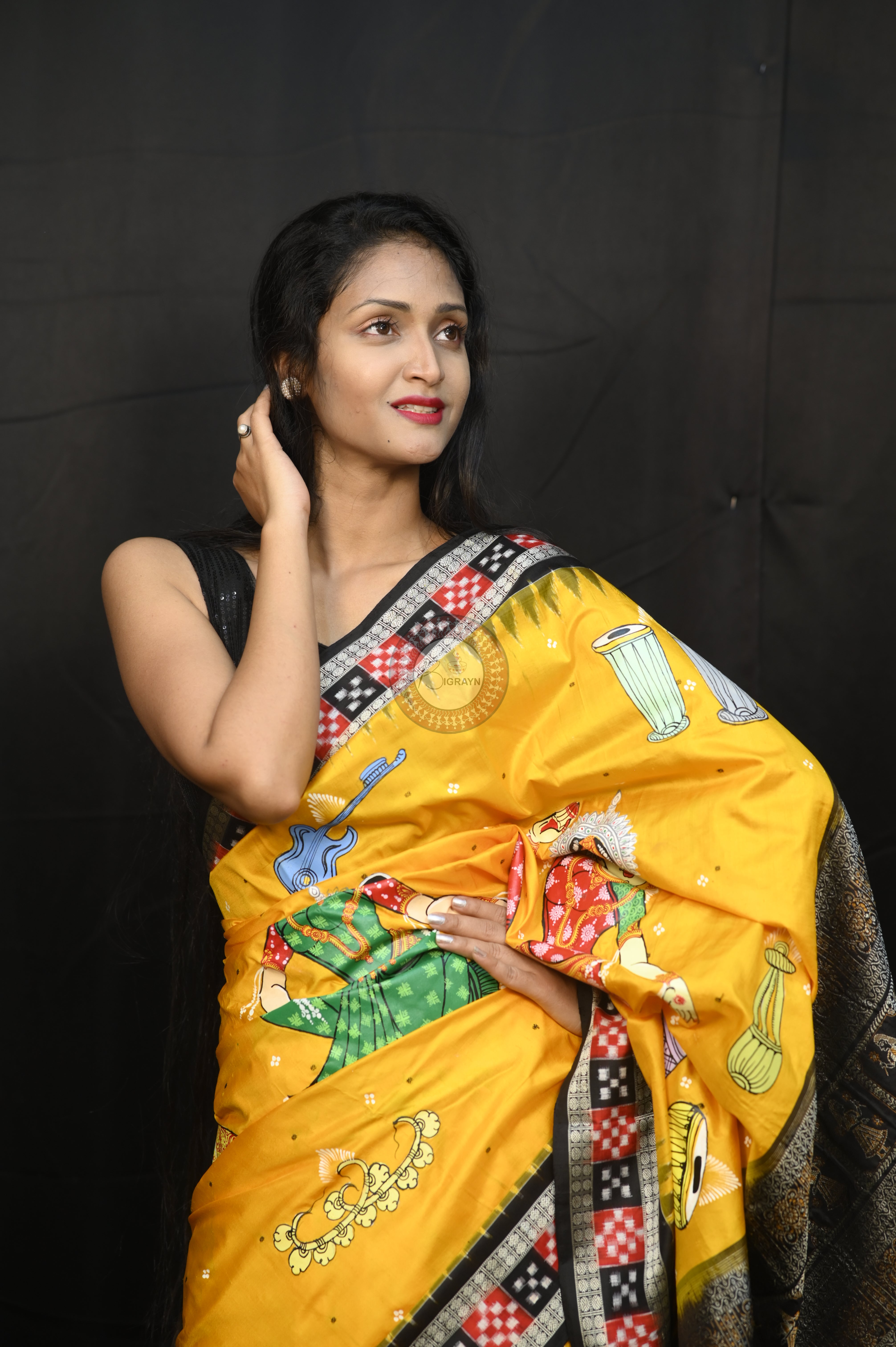 Yellow Black Dancer And Musical Instrument Full Body Work Theme Pattachitra Sambalpuri Silk Saree