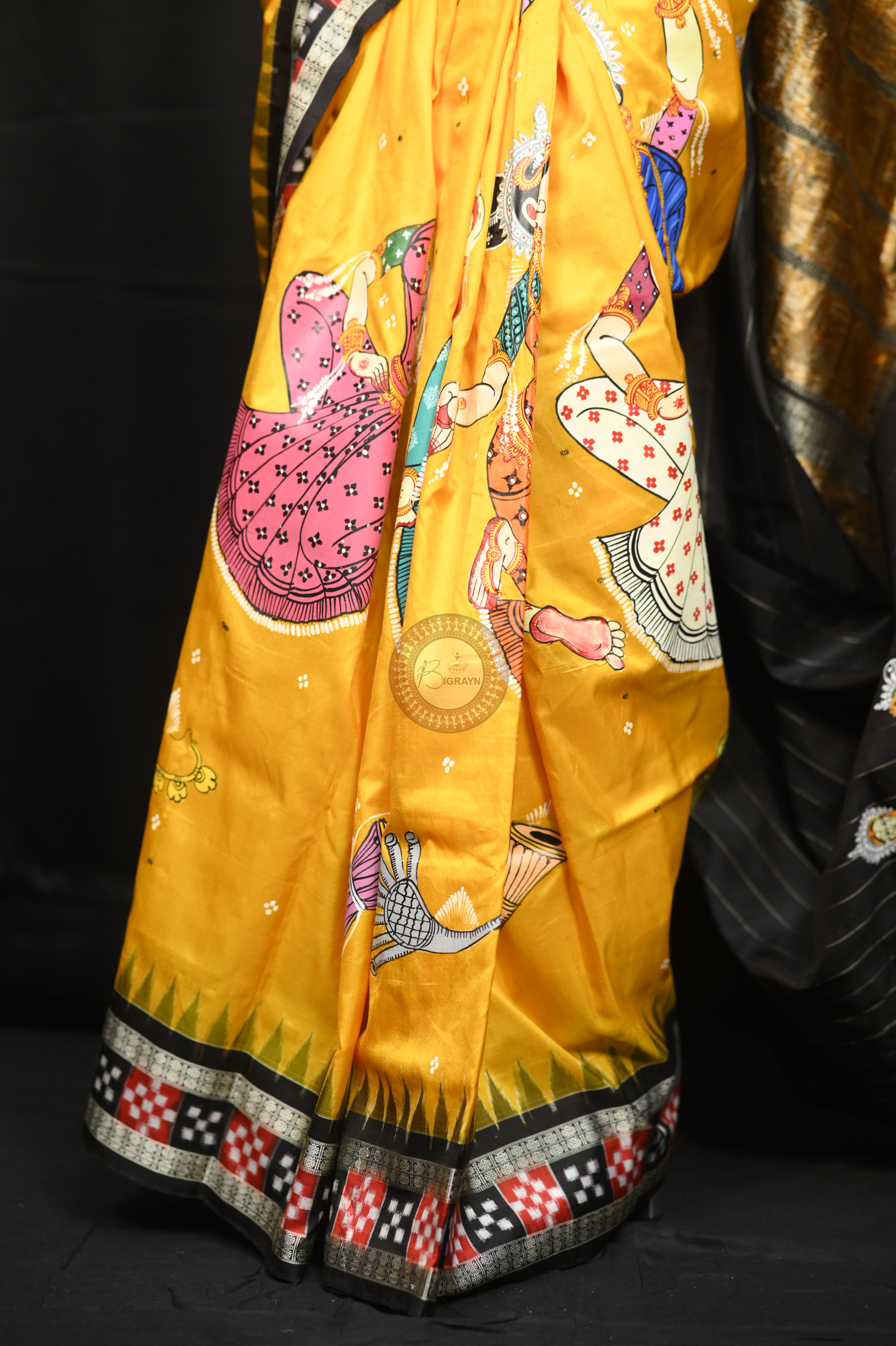 Yellow Black Dancer And Musical Instrument Full Body Work Theme Pattachitra Sambalpuri Silk Saree