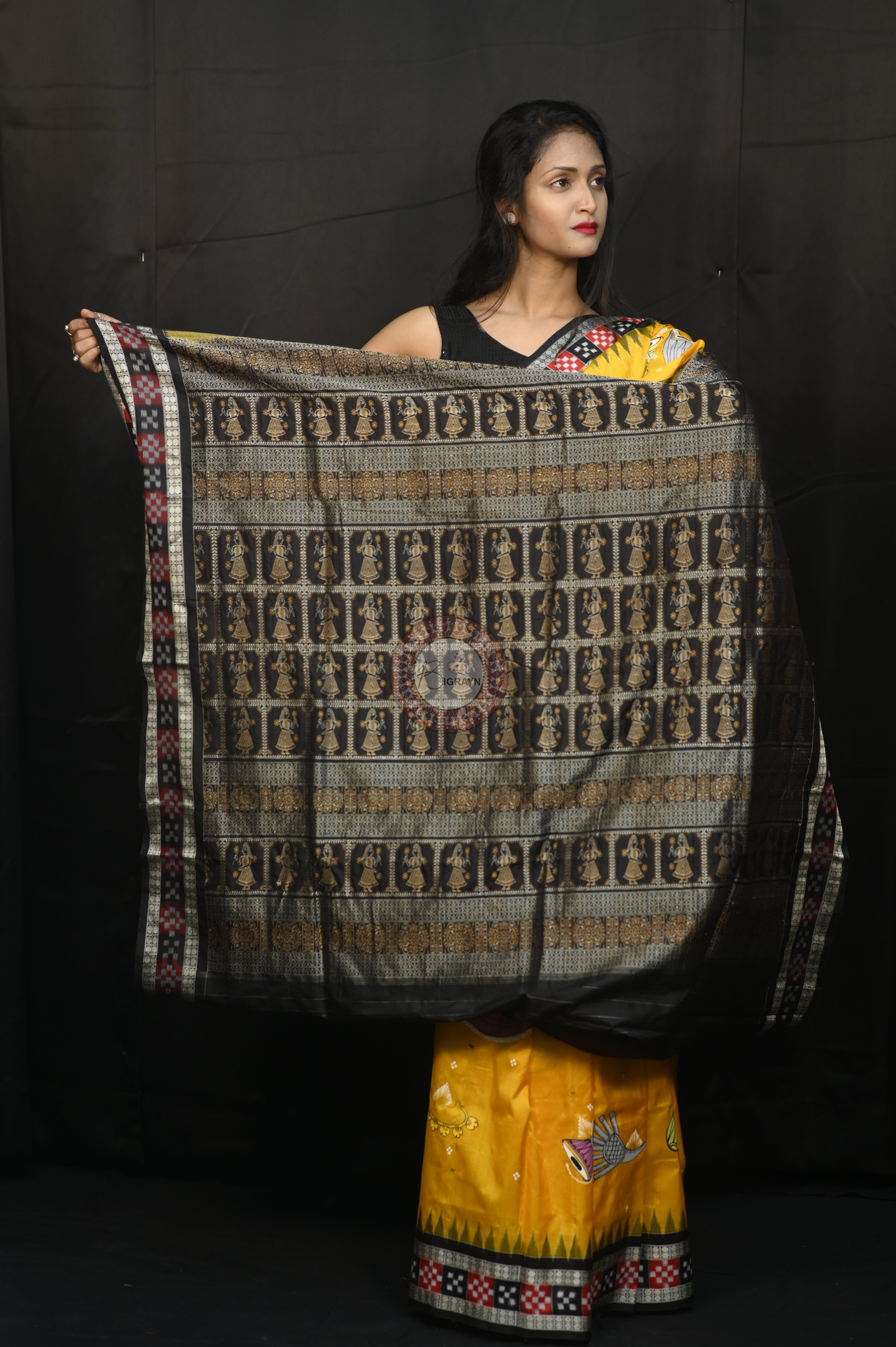 Yellow Black Dancer And Musical Instrument Full Body Work Theme Pattachitra Sambalpuri Silk Saree