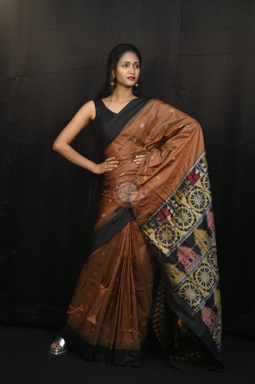 Brown Black Konark Temple Chakra Sambalpuri Exclusive Silk Saree