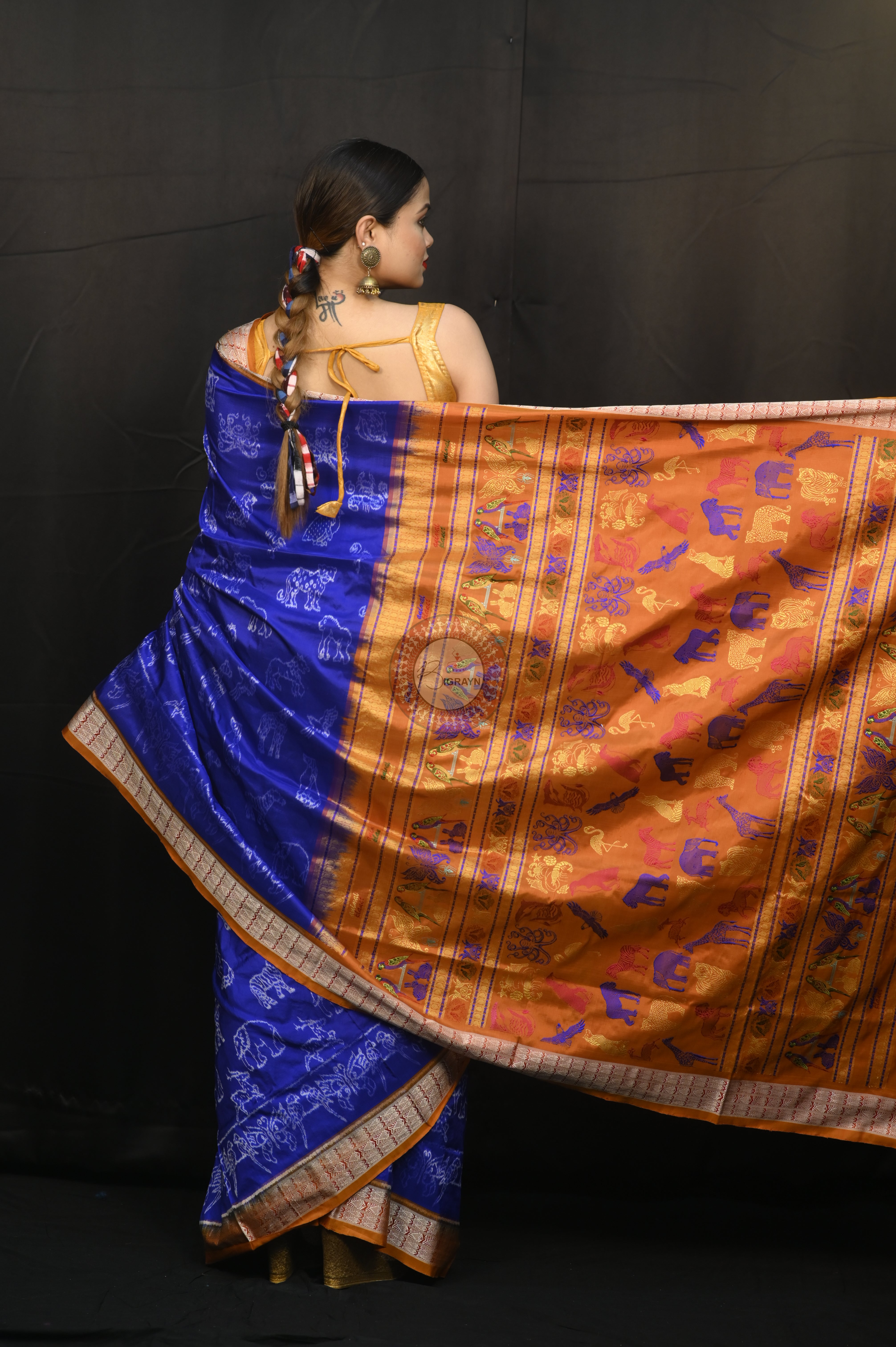 Blue Rust Animal Planet Sambalpuri Silk Saree