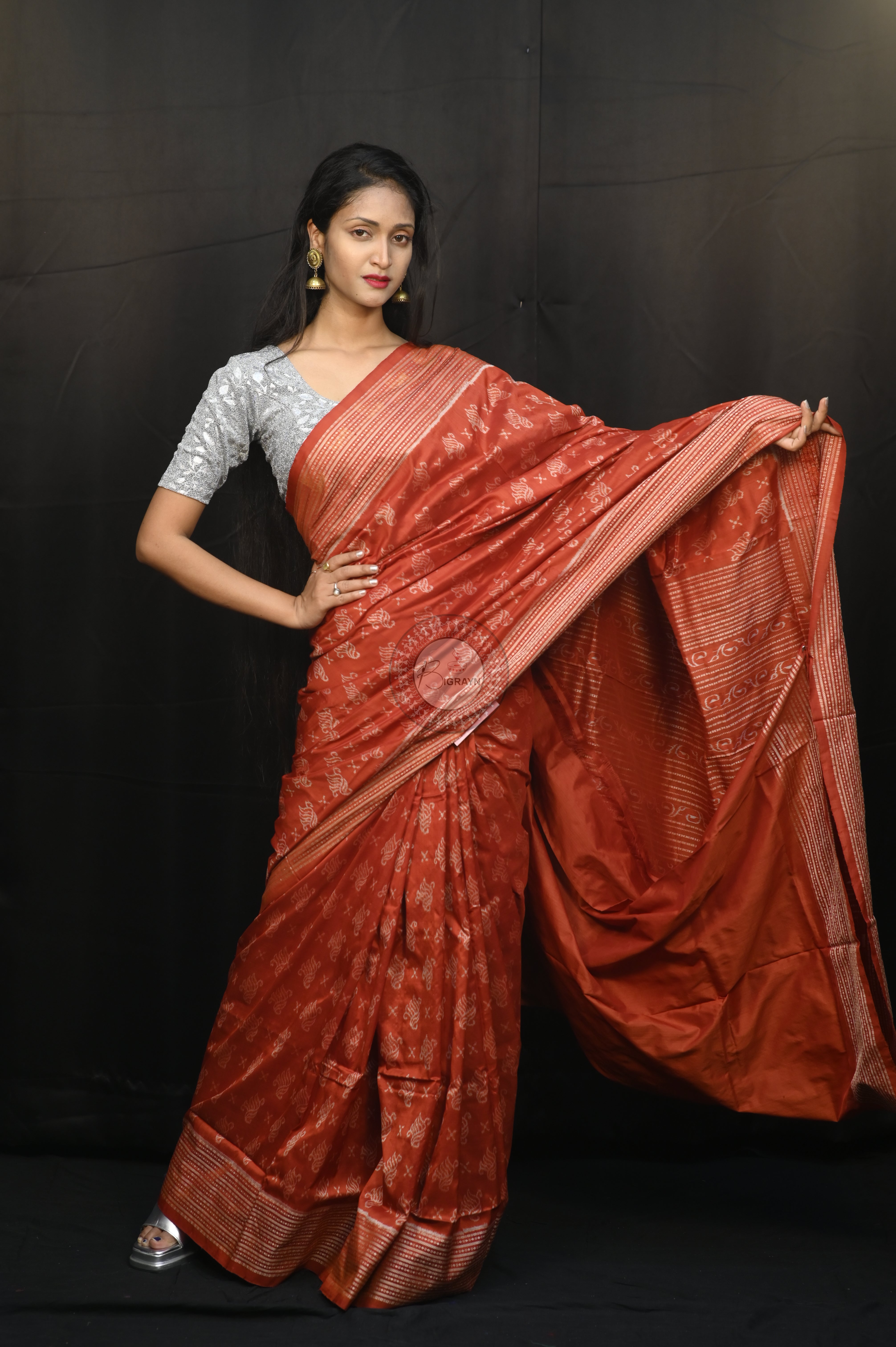 Red Ikat Design Natural Dye Sambalpuri Silk Saree