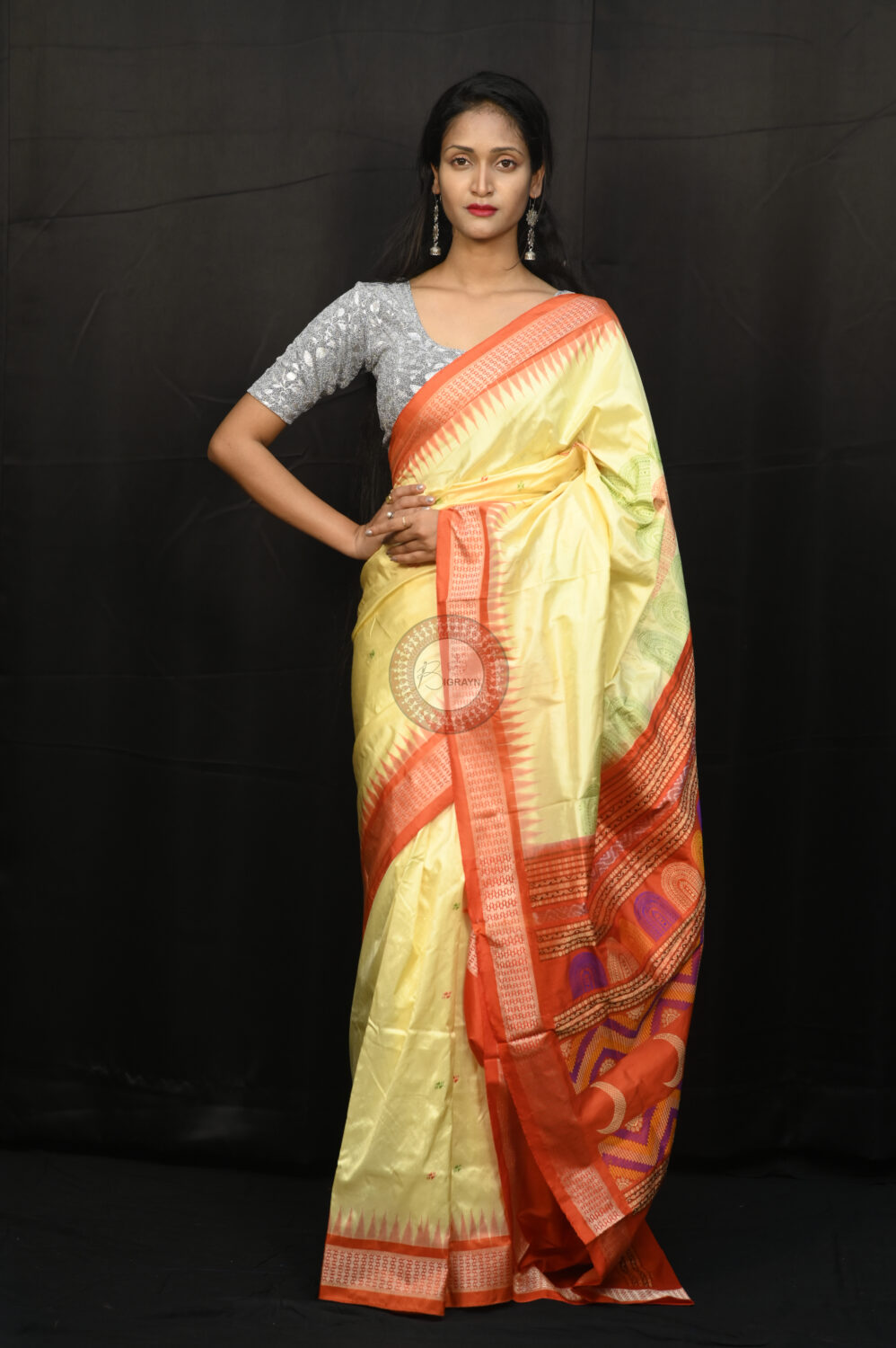 Creame Orange Chandrama Exclusive Sambalpuri Silk Saree