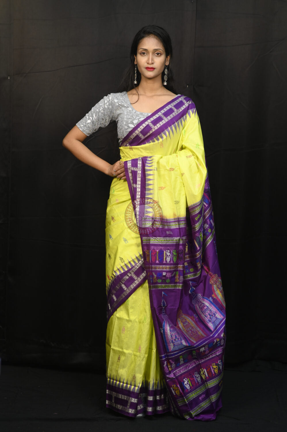 Lemon Yellow Purple Sri Mandir Sambalpuri Silk Saree
