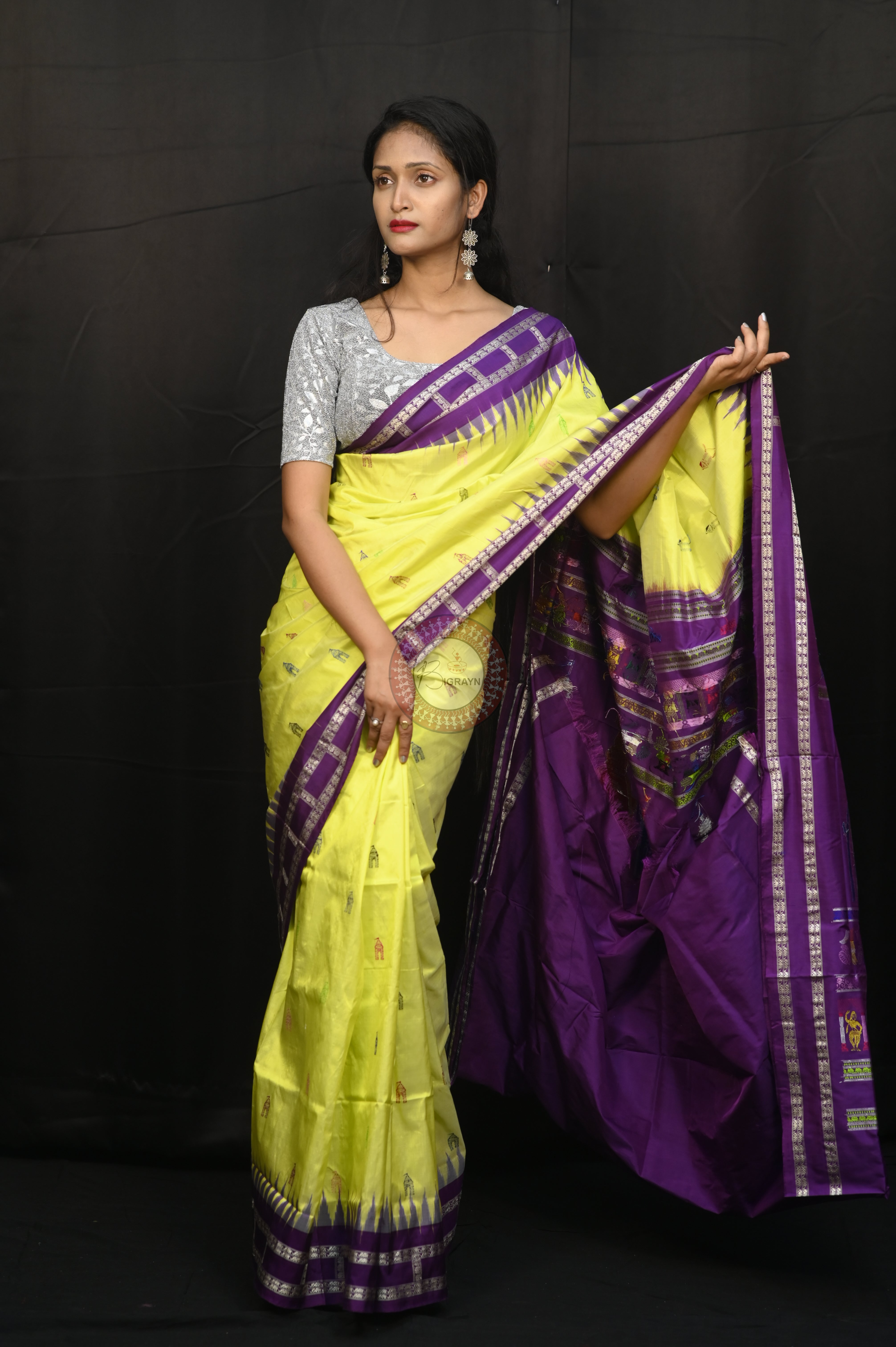 Lemon Yellow Purple Sri Mandir Sambalpuri Silk Saree
