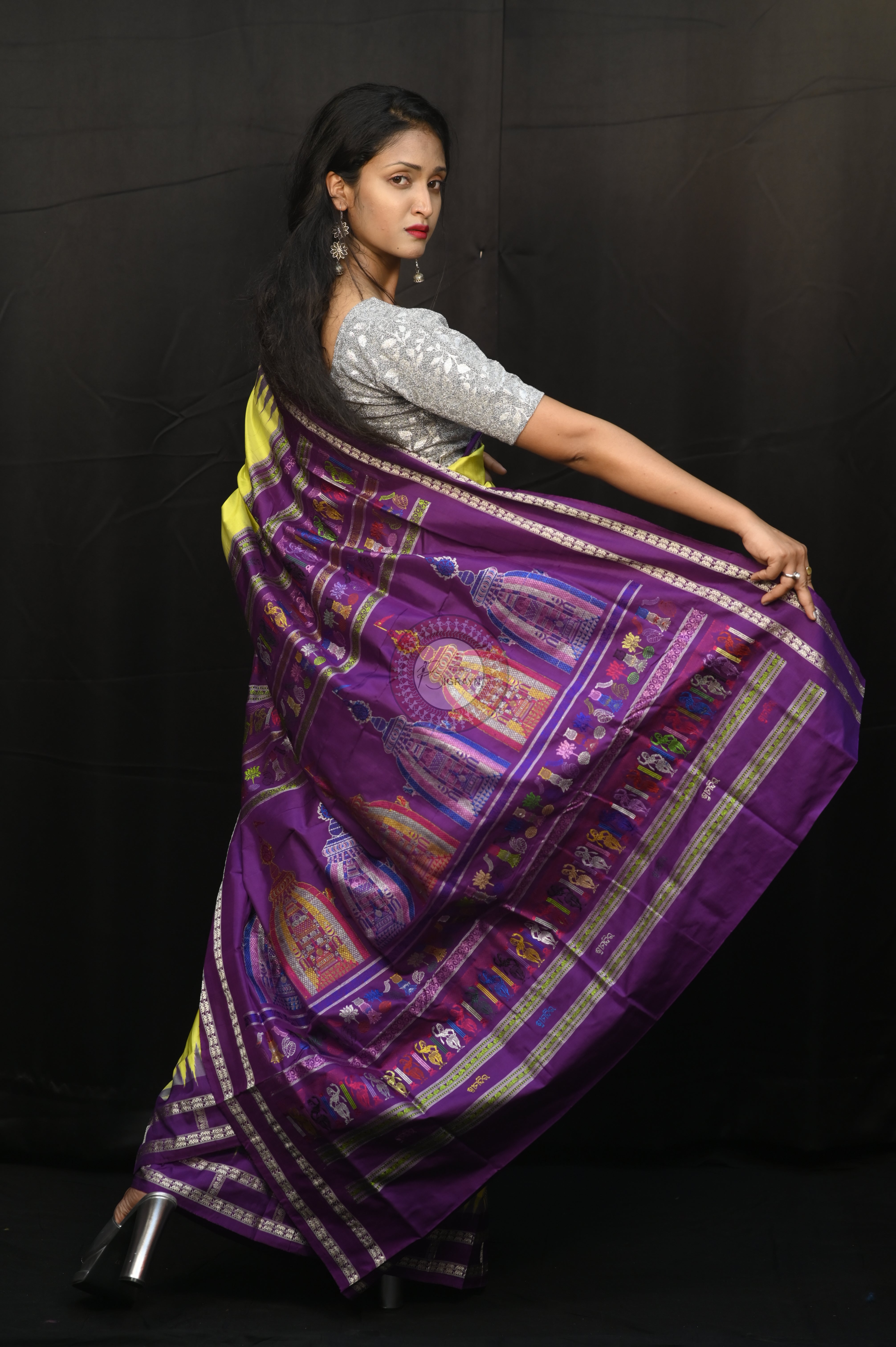 Lemon Yellow Purple Sri Mandir Sambalpuri Silk Saree