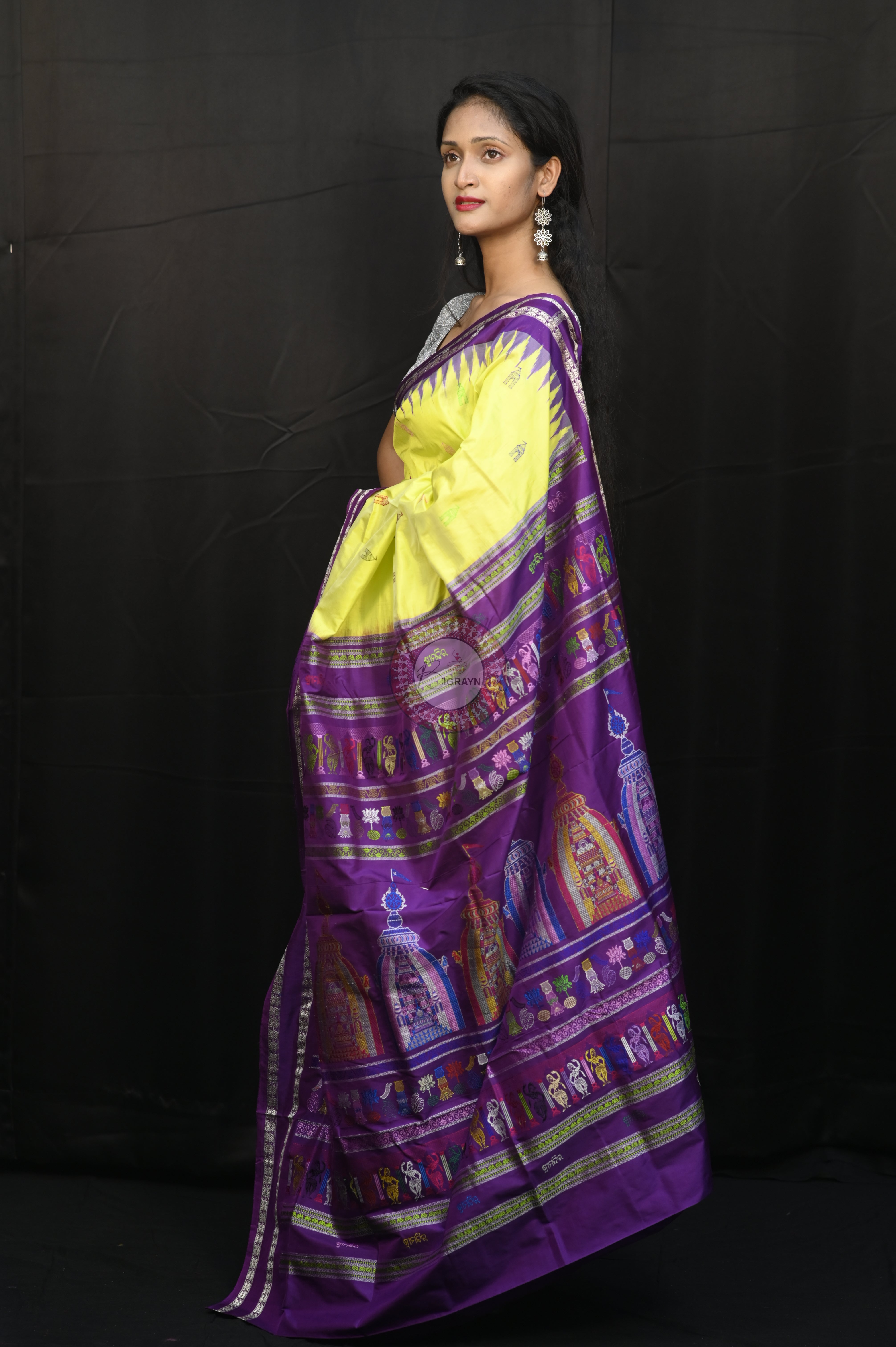 Lemon Yellow Purple Sri Mandir Sambalpuri Silk Saree