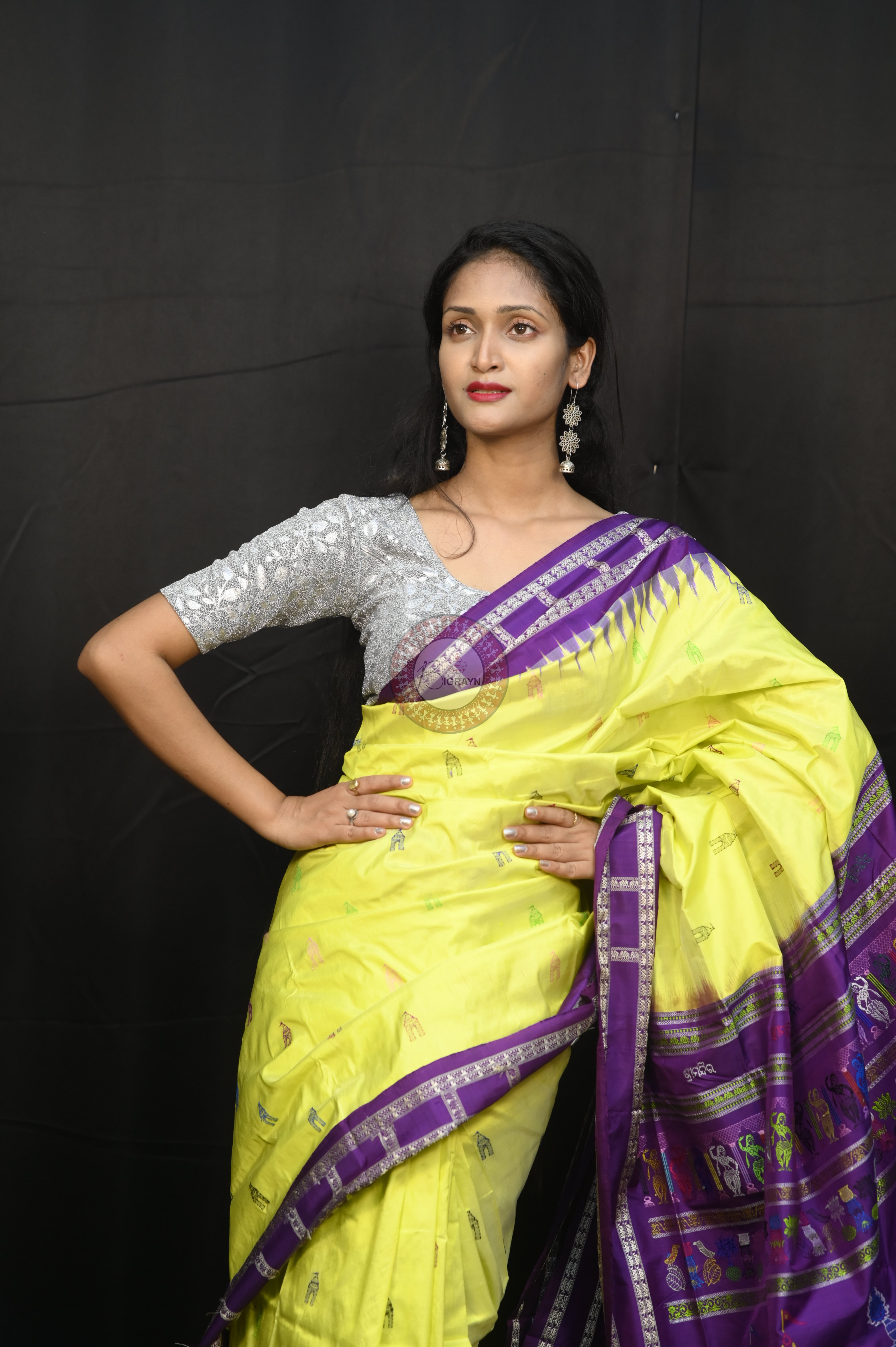 Lemon Yellow Purple Sri Mandir Sambalpuri Silk Saree
