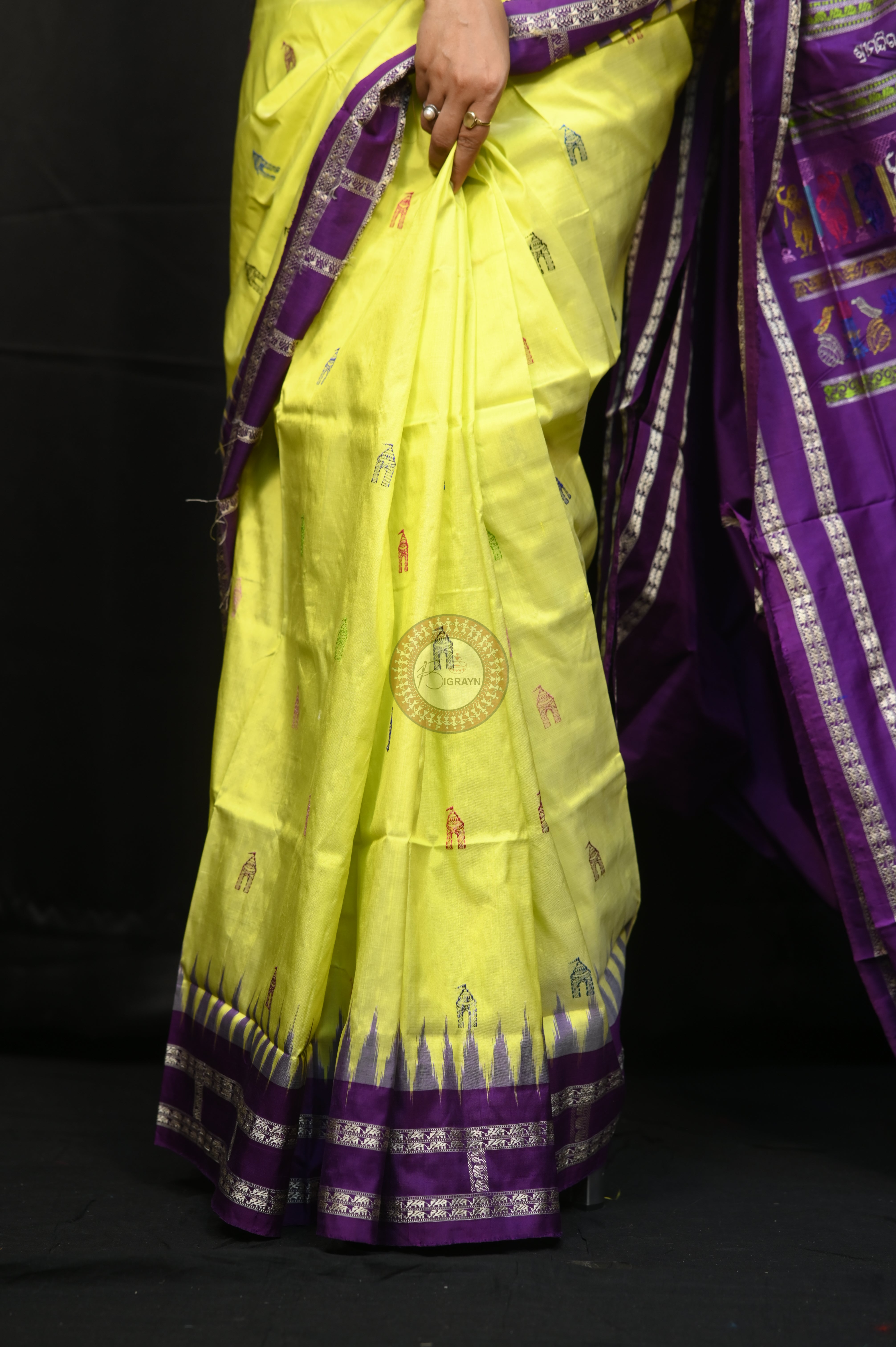 Lemon Yellow Purple Sri Mandir Sambalpuri Silk Saree