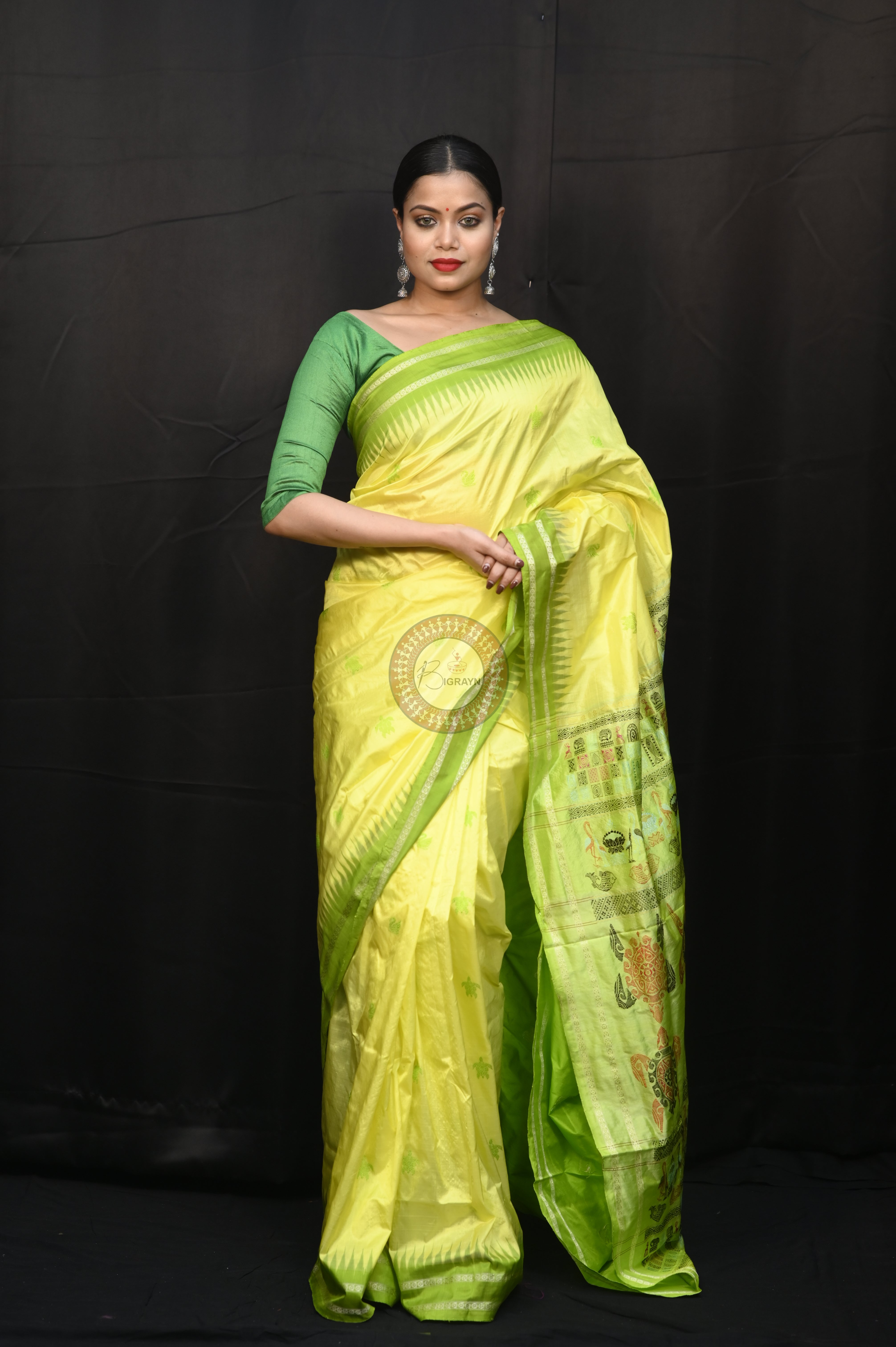 Lemon Yellow Parrot Green Chilika Theme Exclusive Sambalpuri Silk Saree