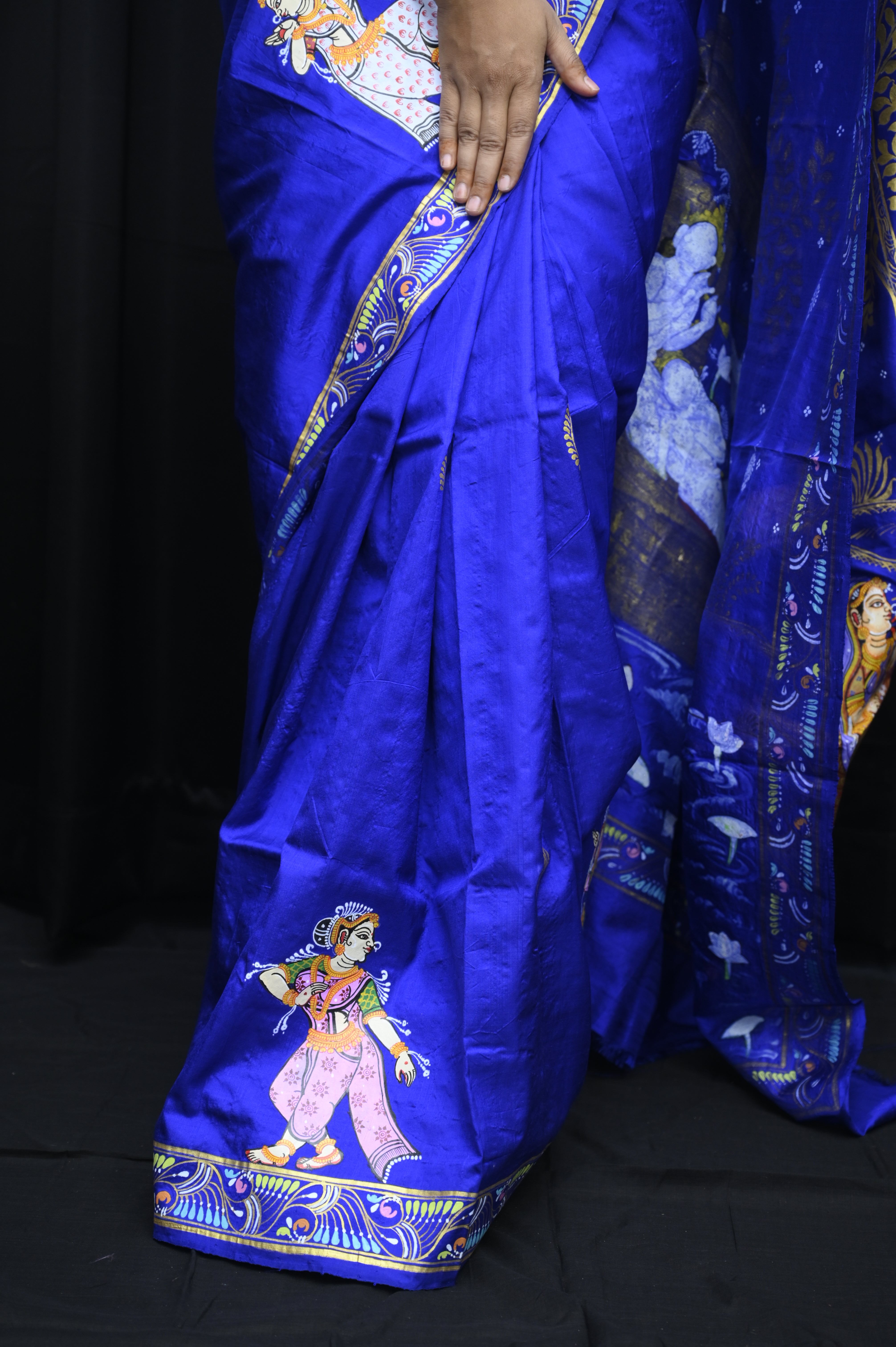Blue Krishna Nabakeli Boita Pattachitra Silk Saree