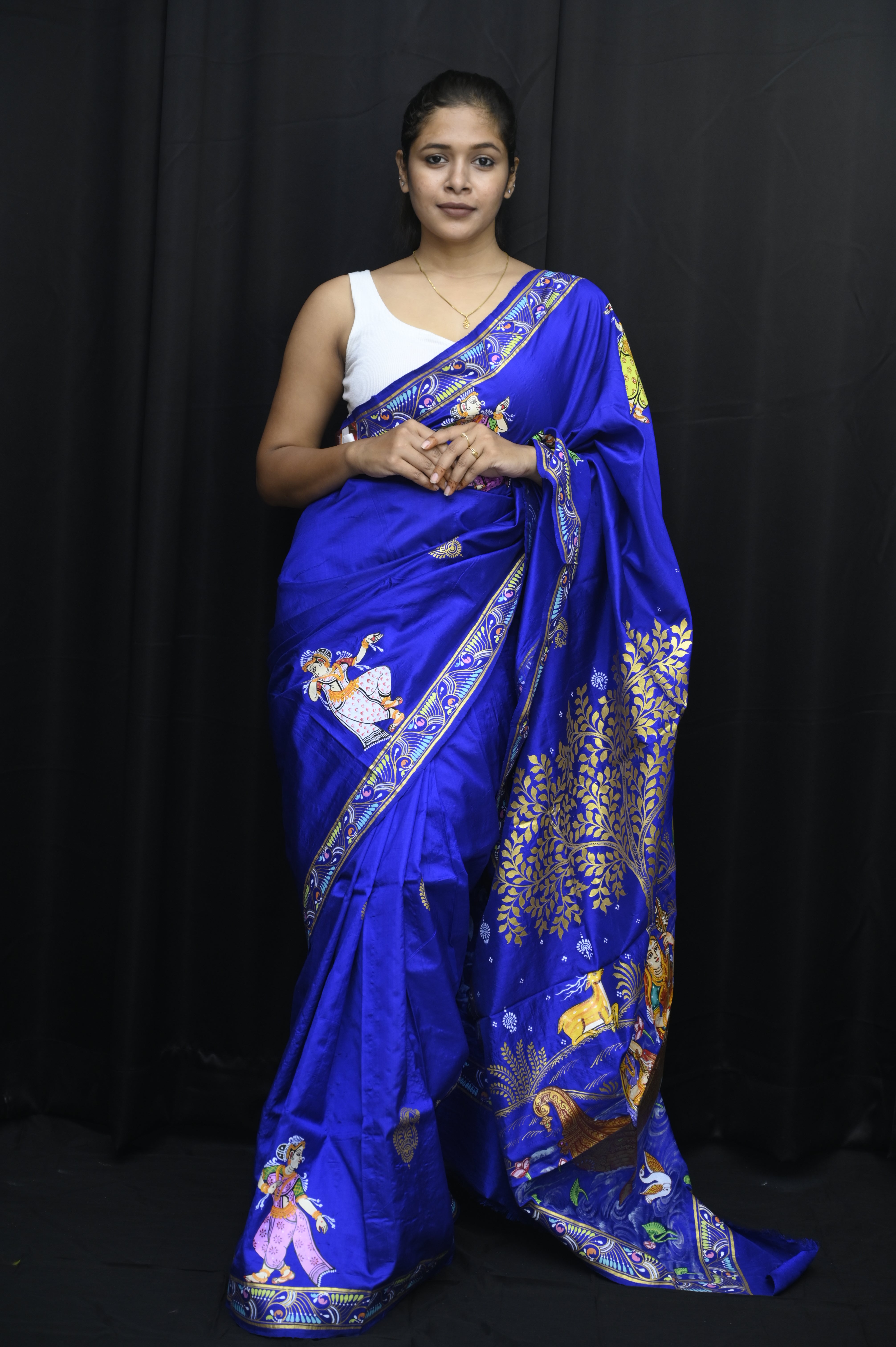 Blue Krishna Nabakeli Boita Pattachitra Silk Saree