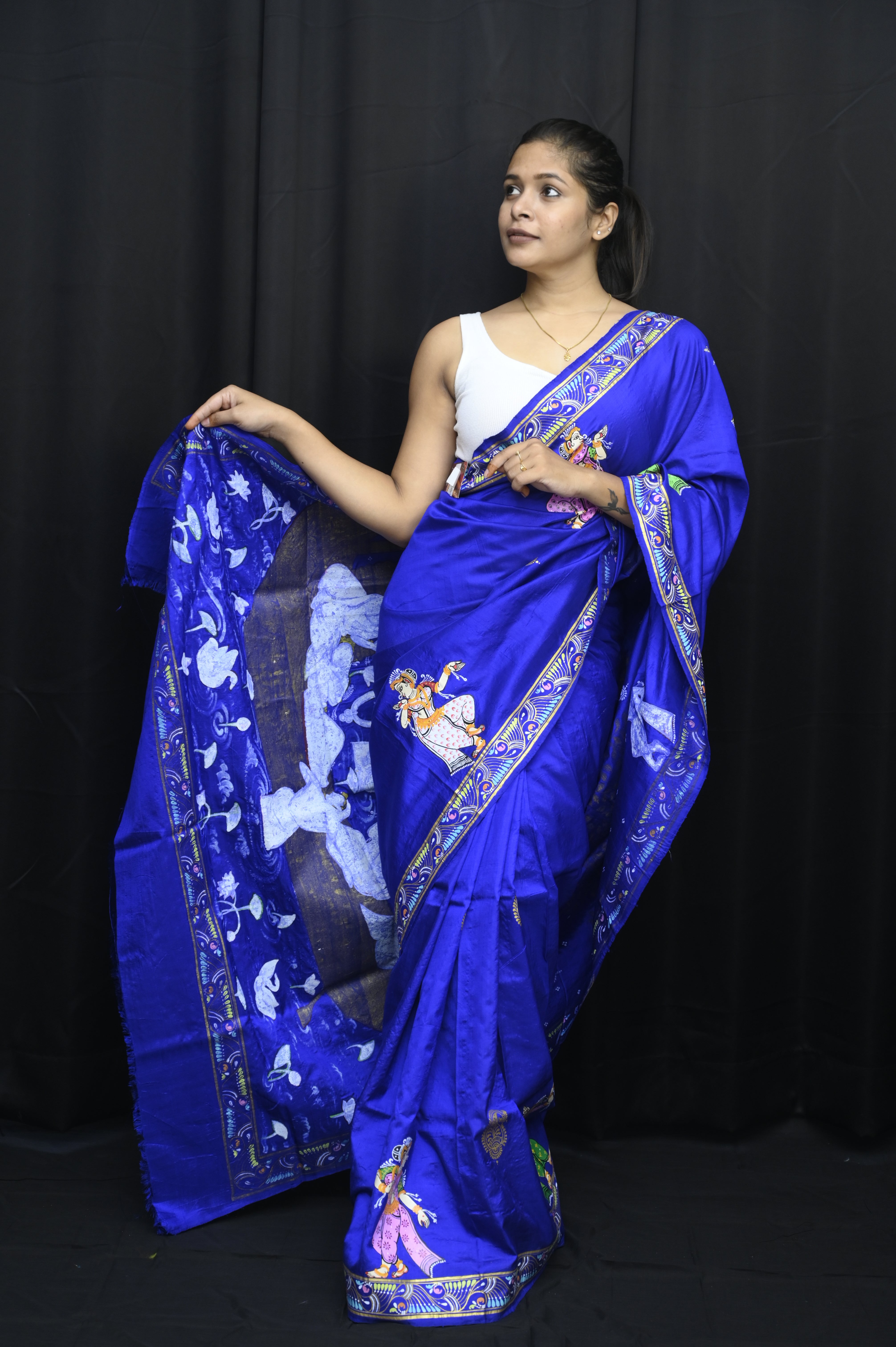 Blue Krishna Nabakeli Boita Pattachitra Silk Saree