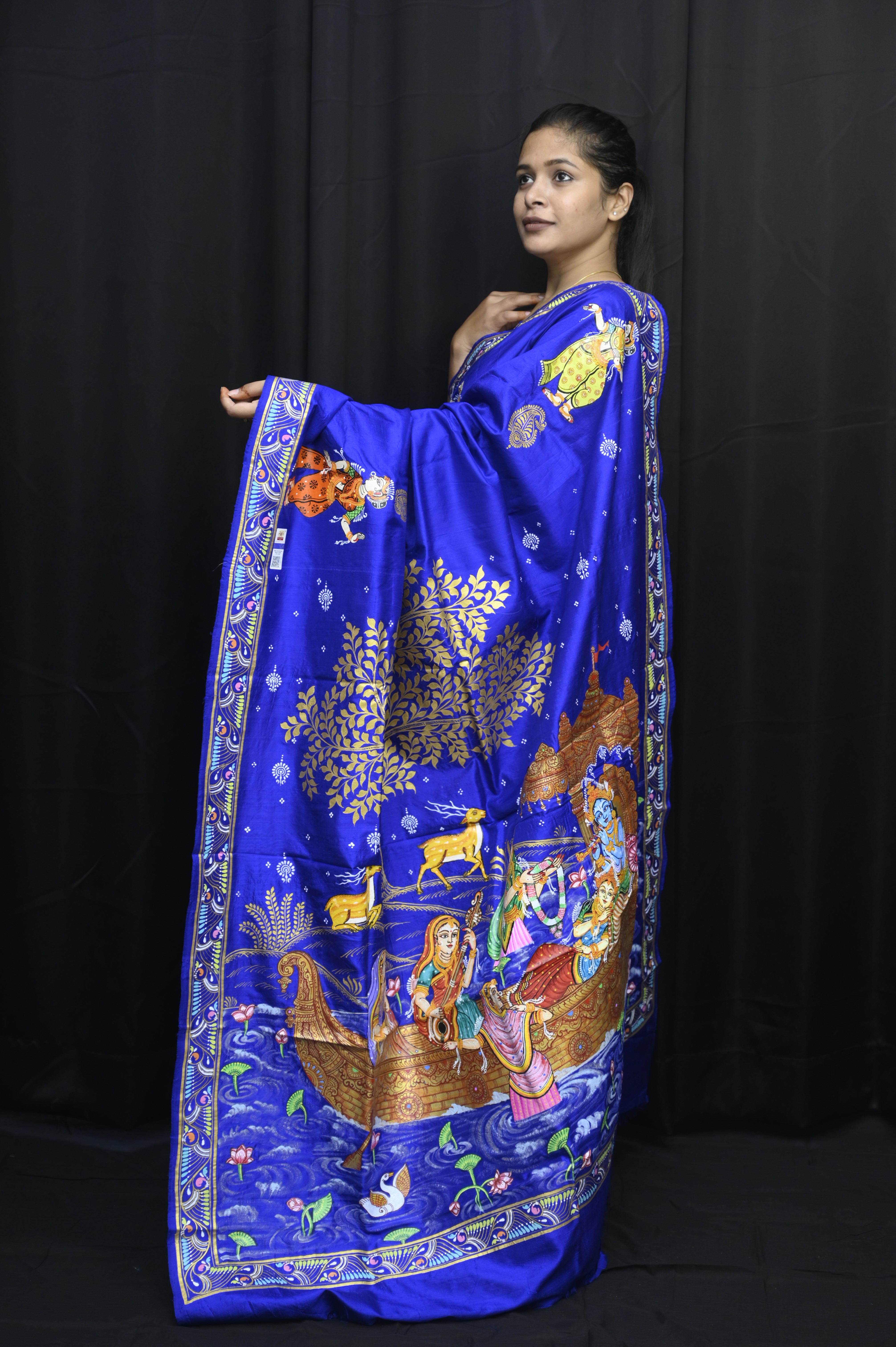 Blue Krishna Nabakeli Boita Pattachitra Silk Saree