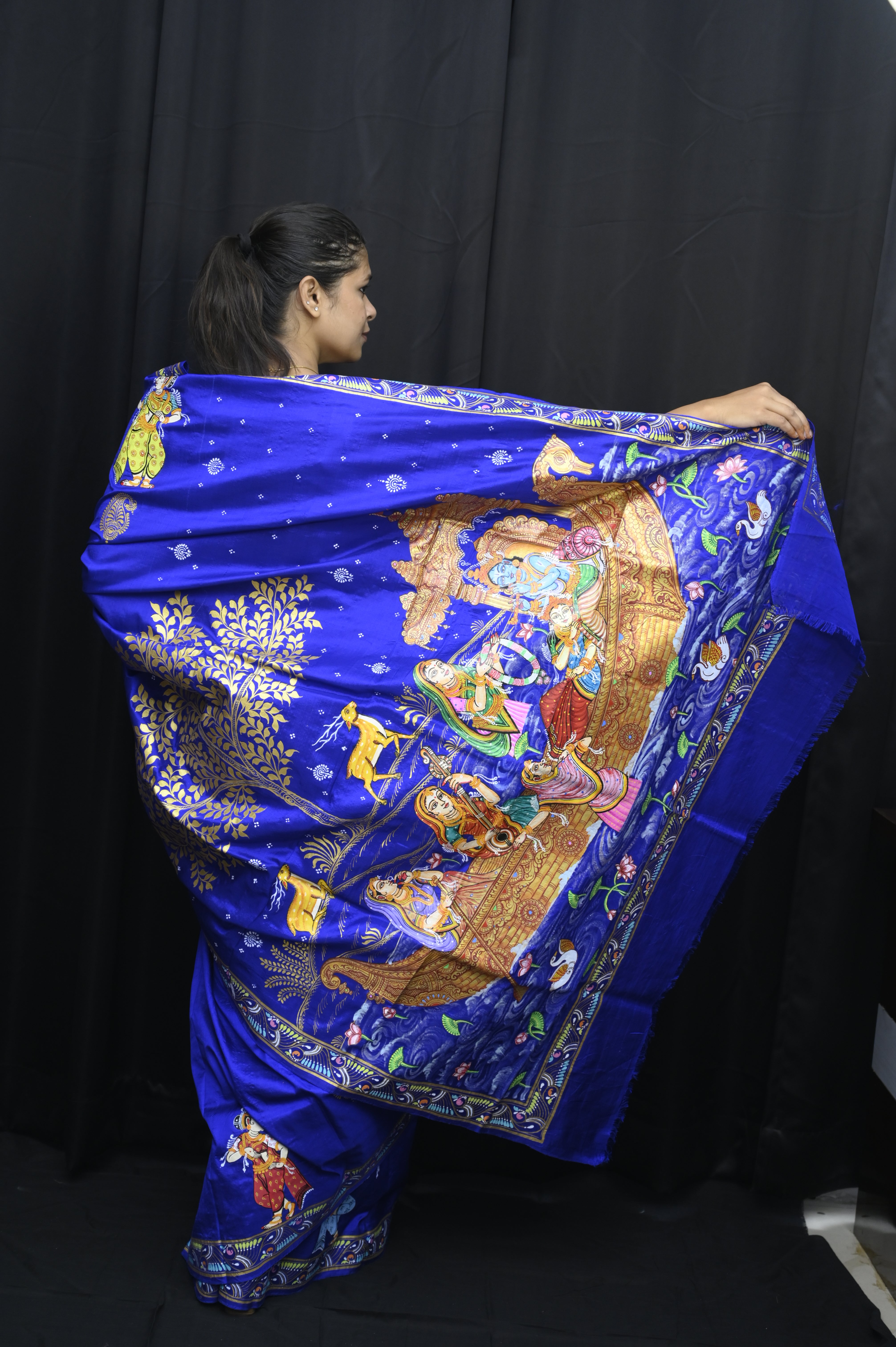 Blue Krishna Nabakeli Boita Pattachitra Silk Saree