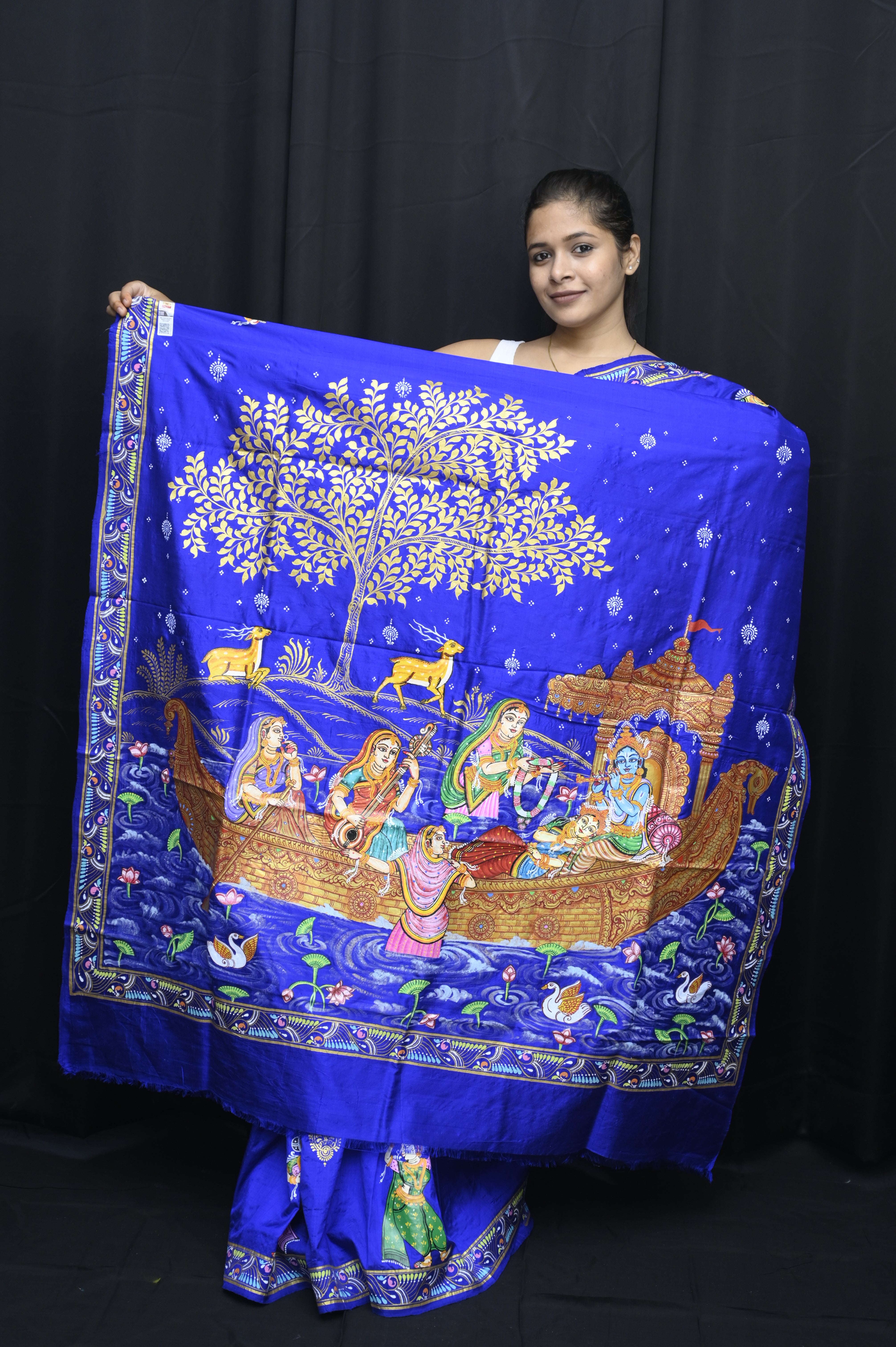Blue Krishna Nabakeli Boita Pattachitra Silk Saree