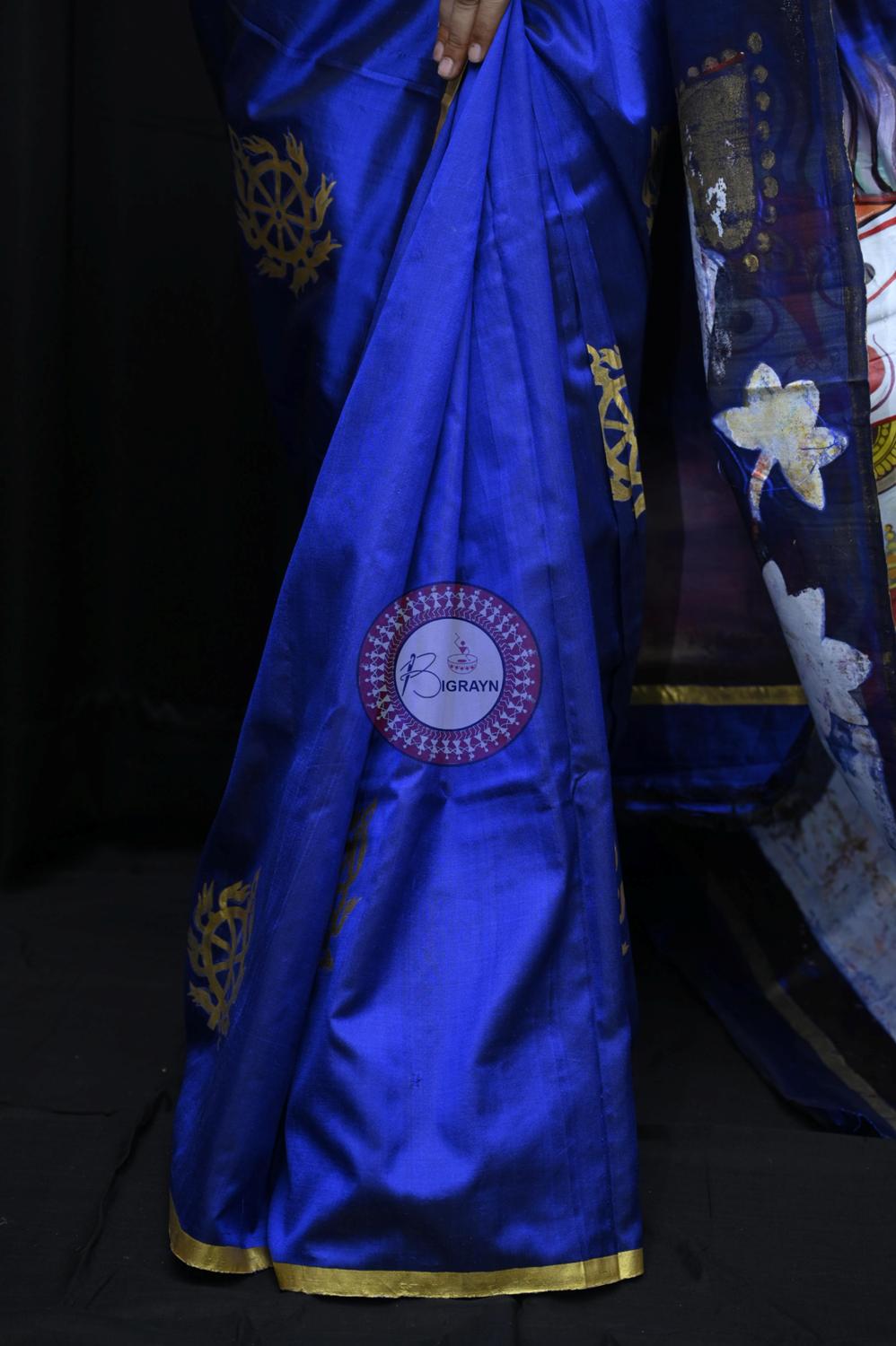Blue Golden Rathyatra Pattachitra Silk Saree